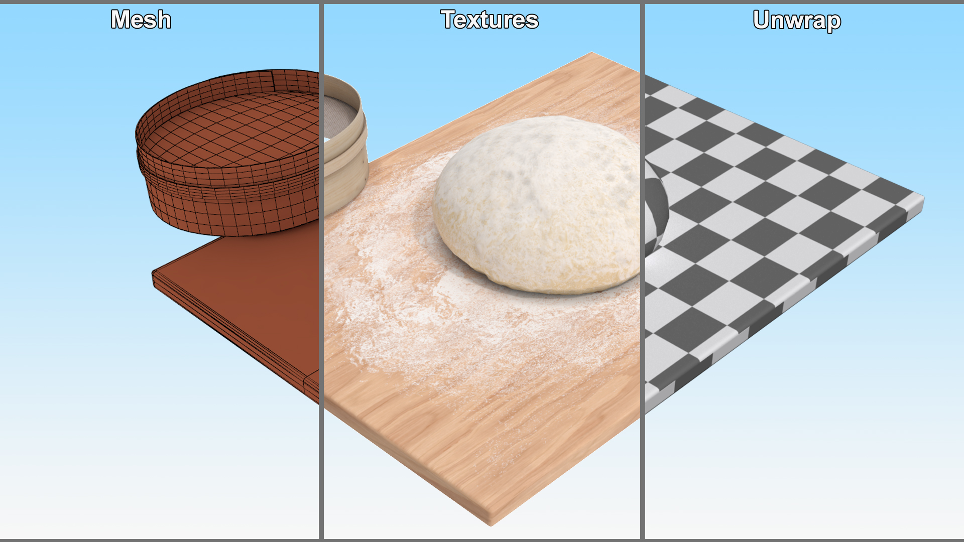 3D Fresh Raw Dough on Wooden Board and Sieve