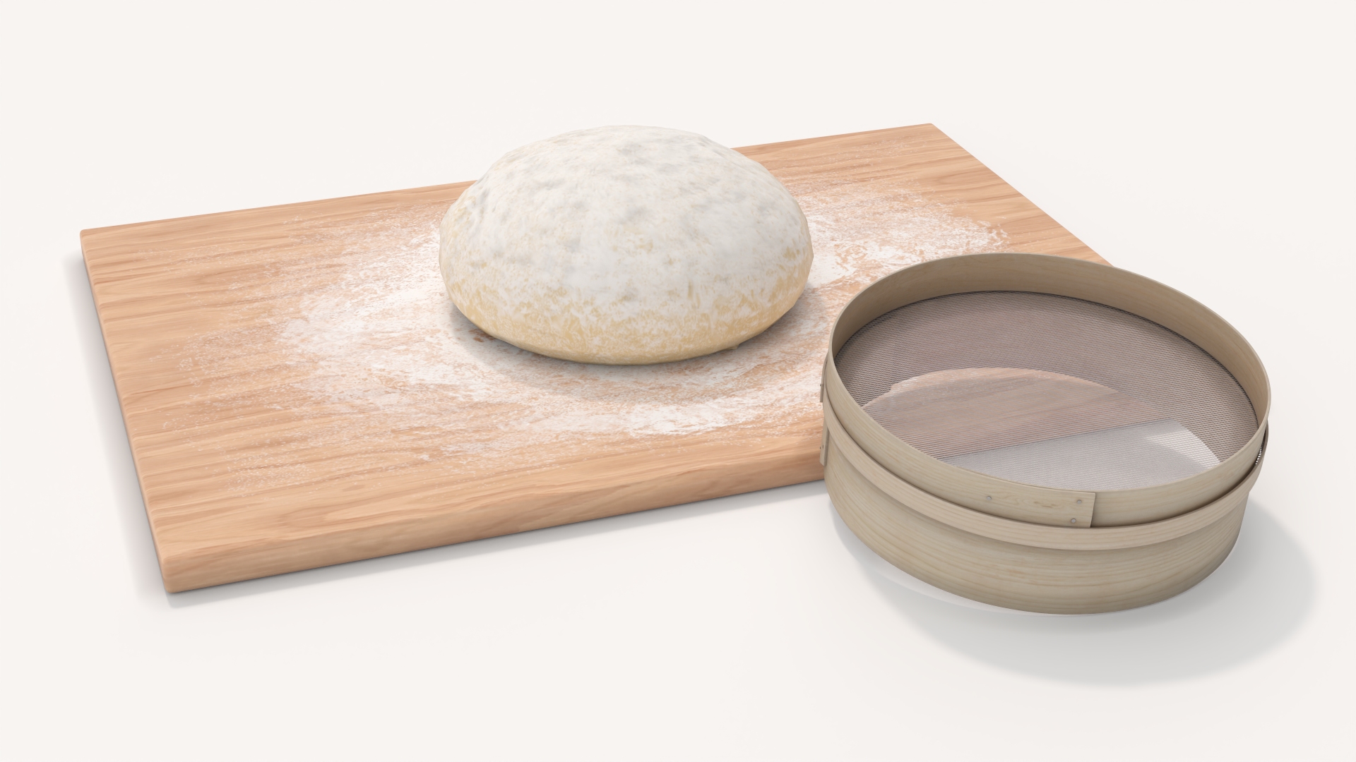 3D Fresh Raw Dough on Wooden Board and Sieve