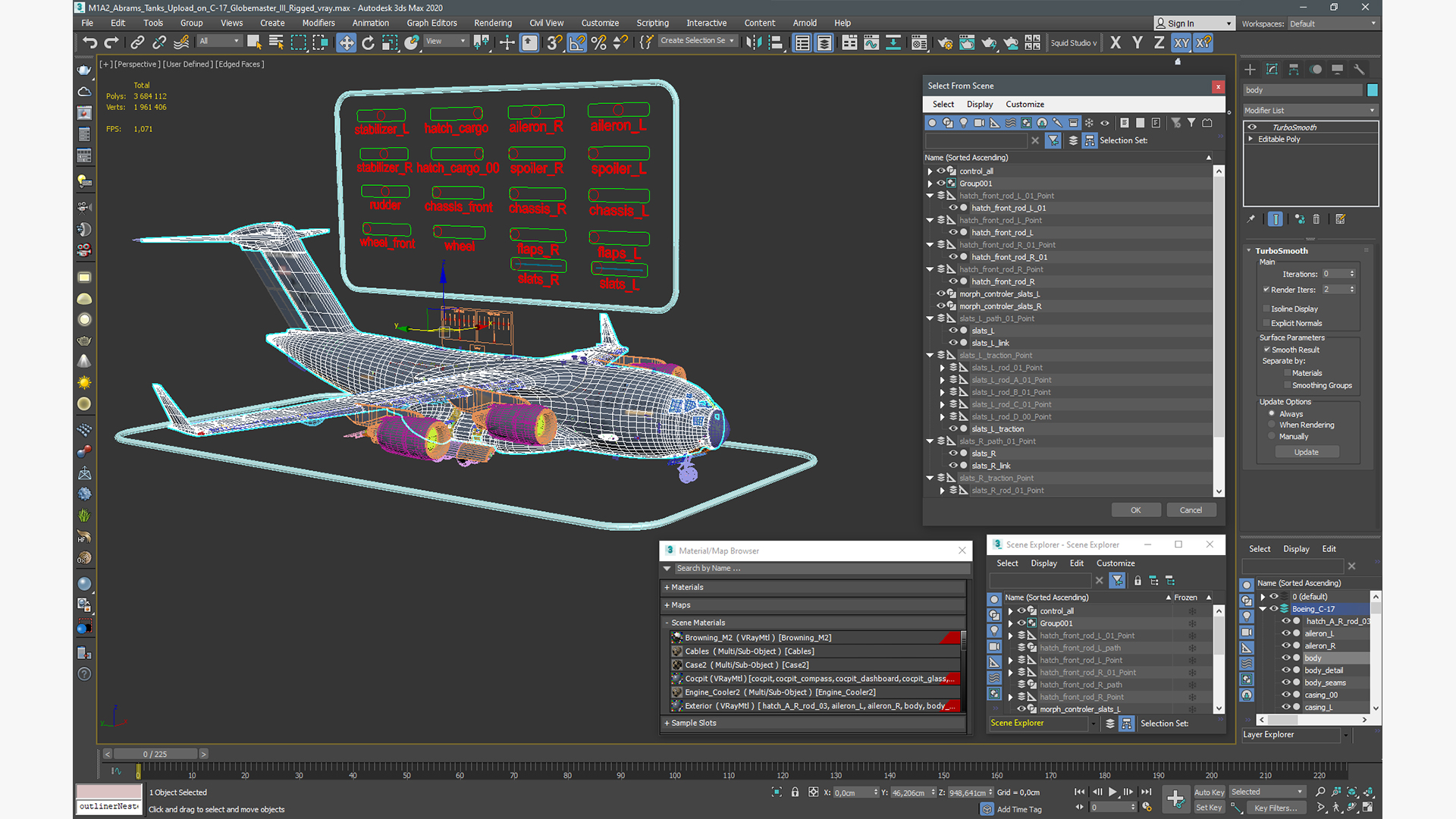 3D model M1A2 Abrams Tanks Upload on C-17 Globemaster III Rigged