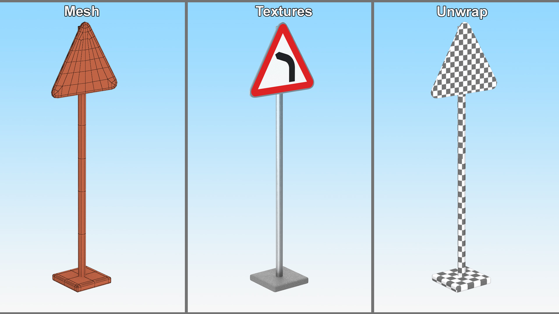 Bend to Left Road Sign 3D