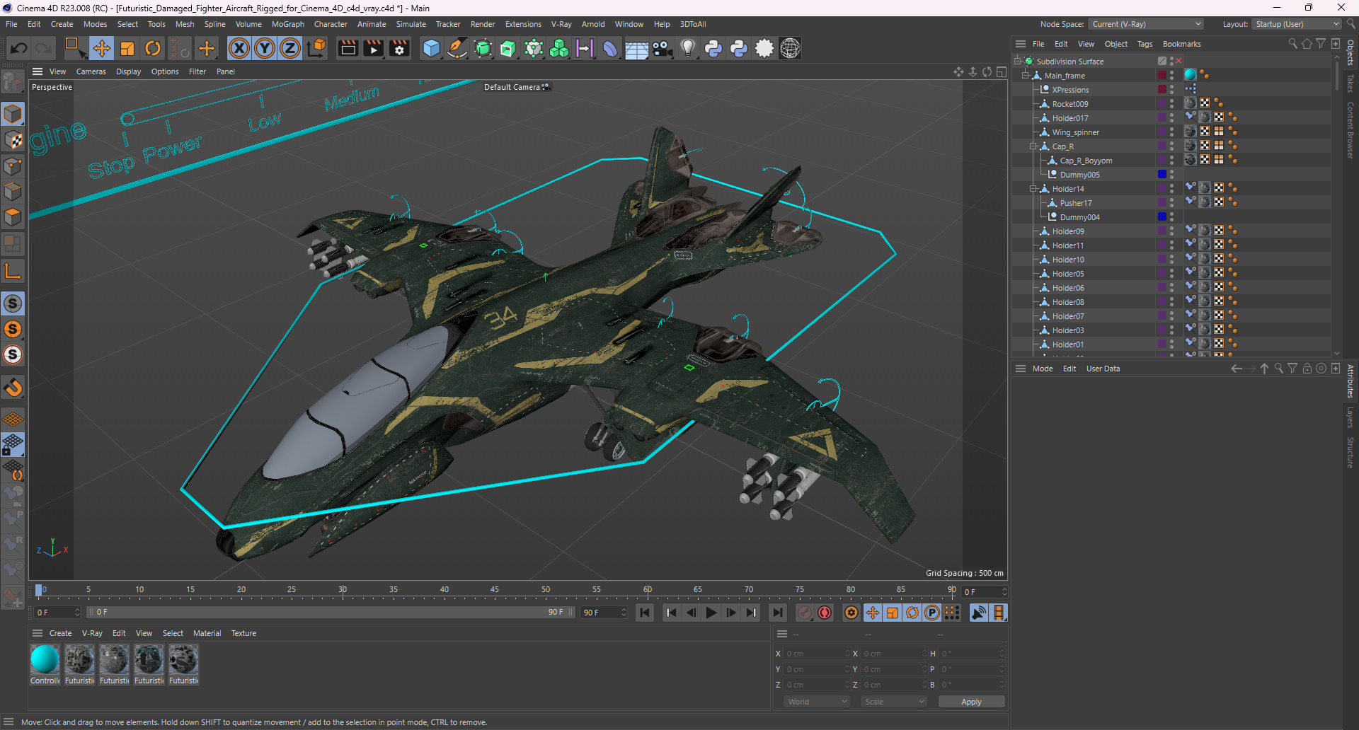 3D Futuristic Damaged Fighter Aircraft Rigged for Cinema 4D