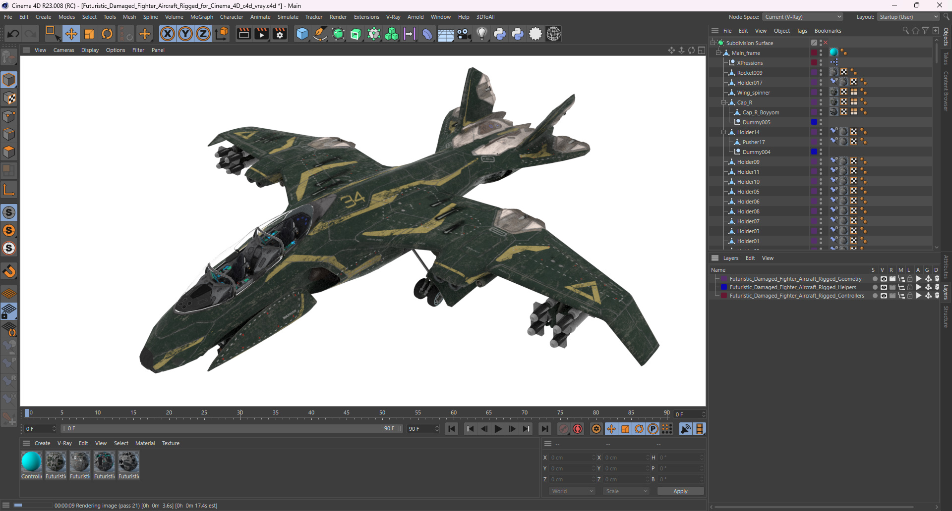 3D Futuristic Damaged Fighter Aircraft Rigged for Cinema 4D