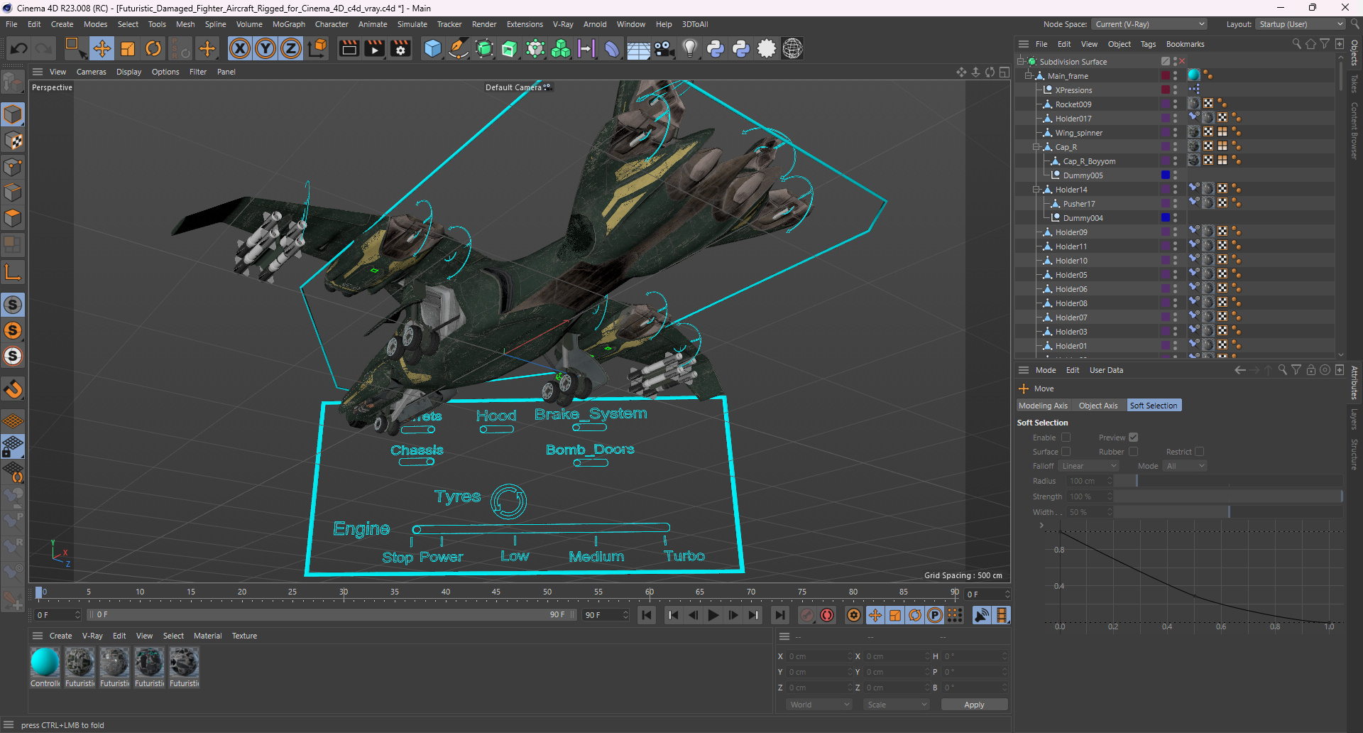 3D Futuristic Damaged Fighter Aircraft Rigged for Cinema 4D