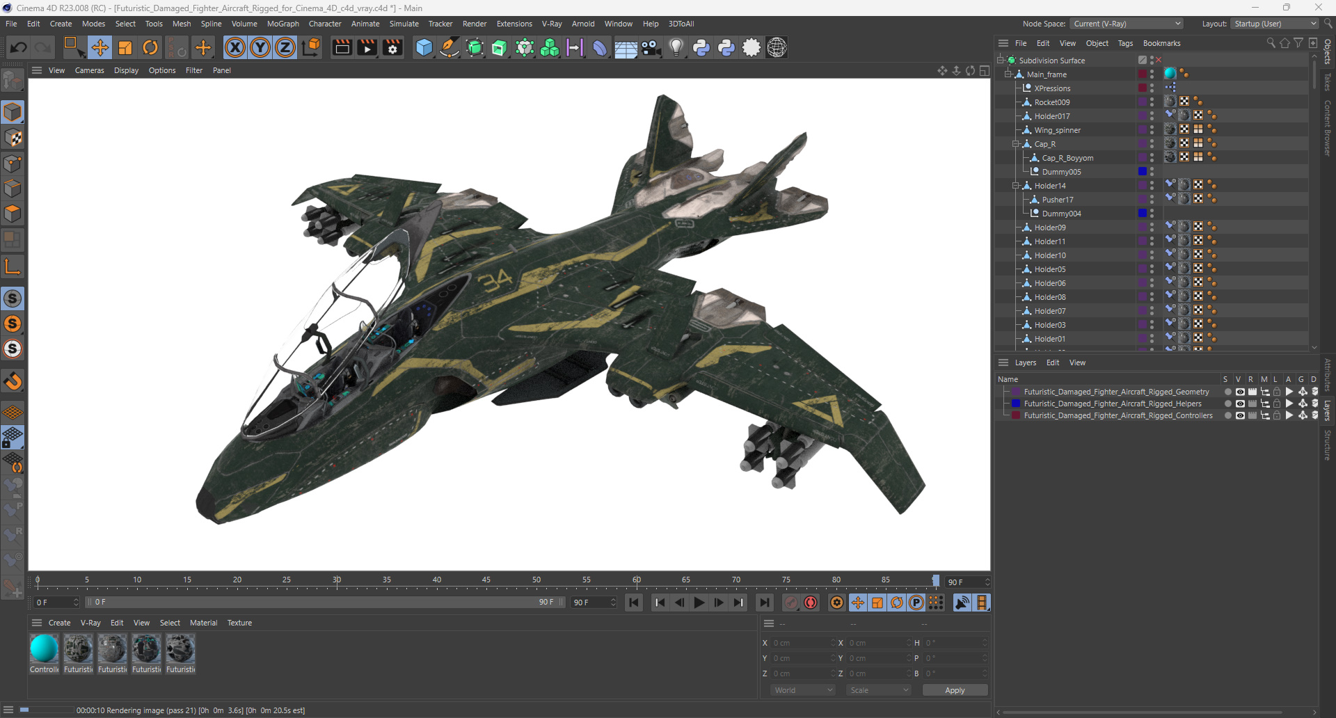 3D Futuristic Damaged Fighter Aircraft Rigged for Cinema 4D