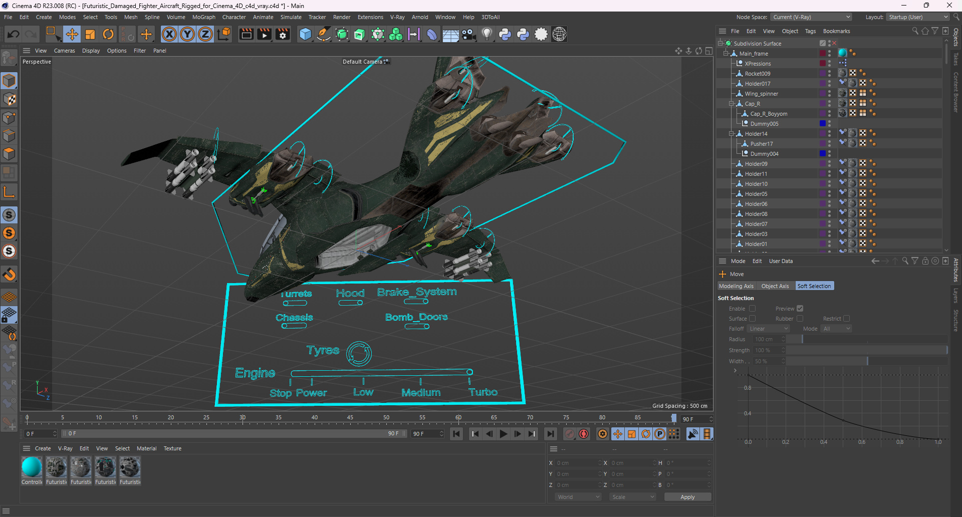 3D Futuristic Damaged Fighter Aircraft Rigged for Cinema 4D