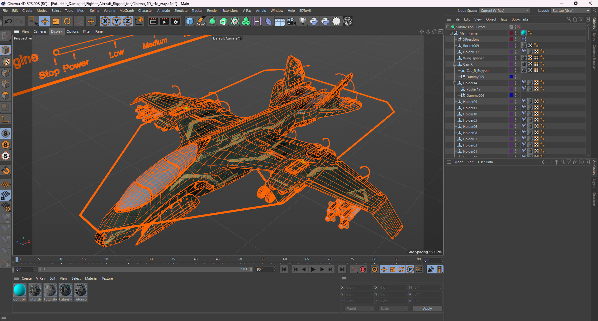 3D Futuristic Damaged Fighter Aircraft Rigged for Cinema 4D