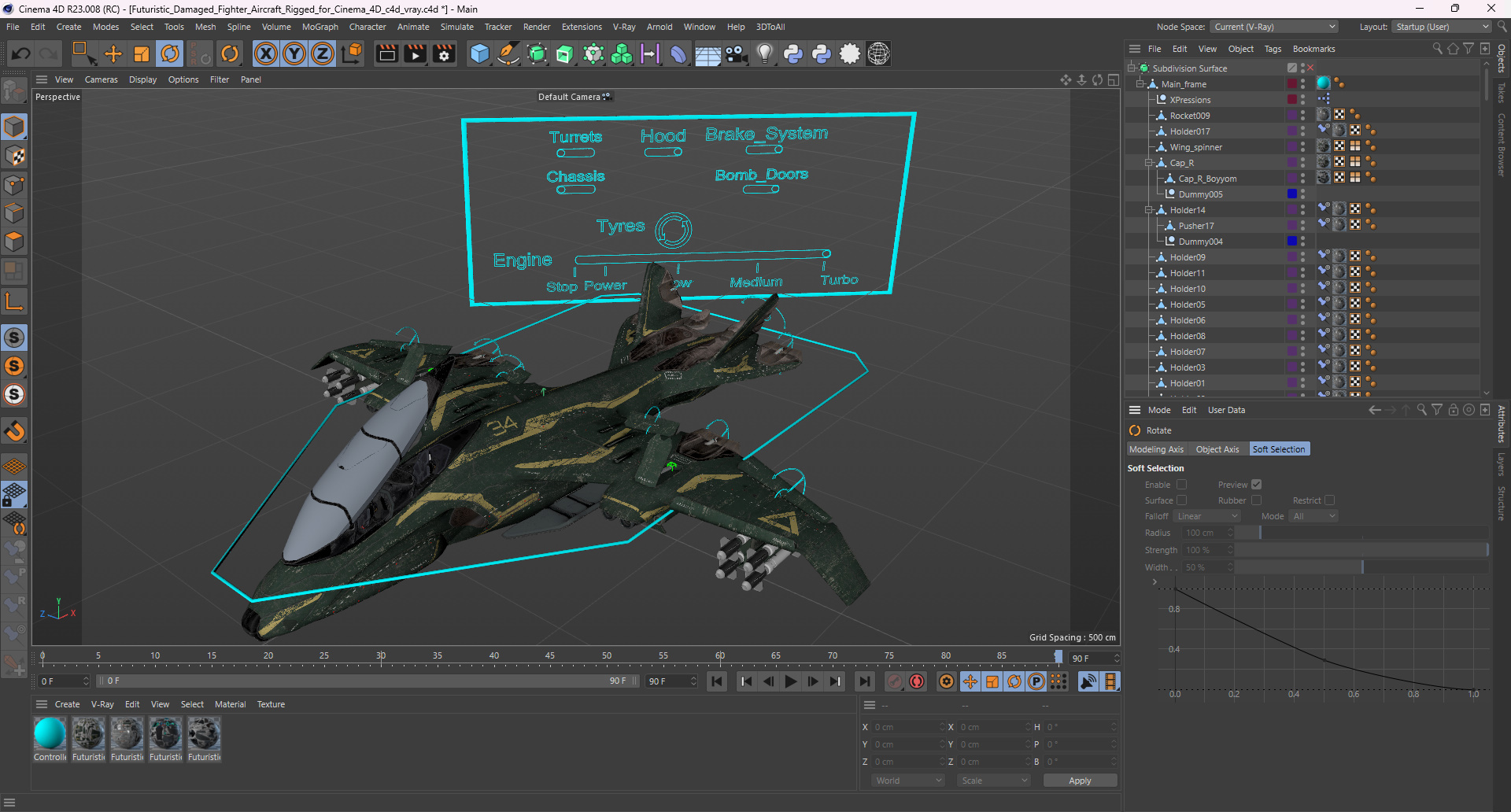 3D Futuristic Damaged Fighter Aircraft Rigged for Cinema 4D