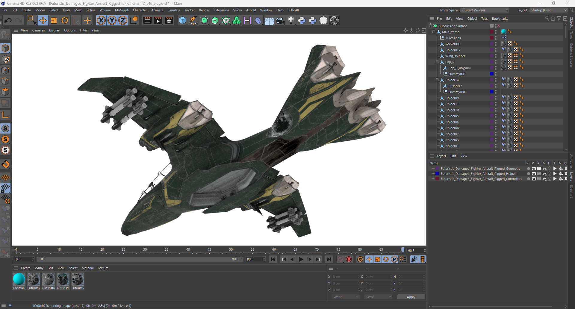 3D Futuristic Damaged Fighter Aircraft Rigged for Cinema 4D