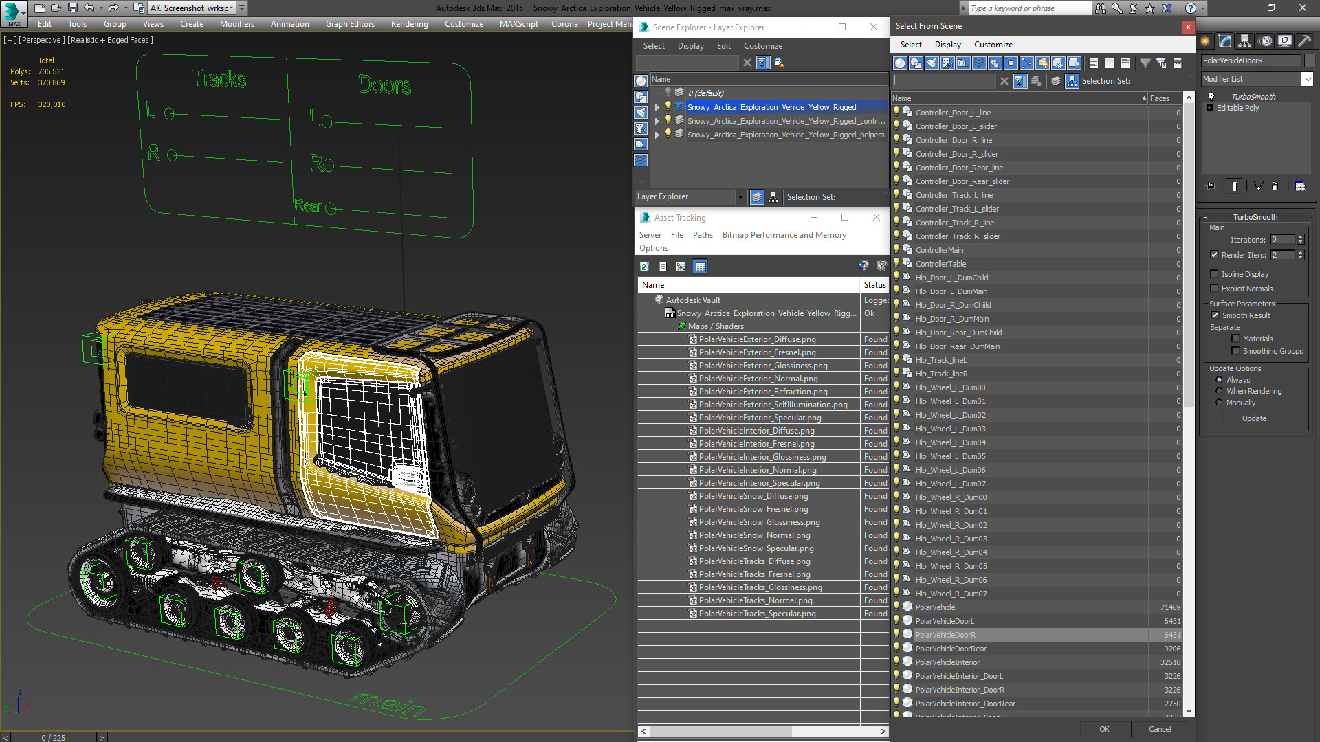 3D Snowy Arctica Exploration Vehicle Yellow Rigged for Cinema 4D