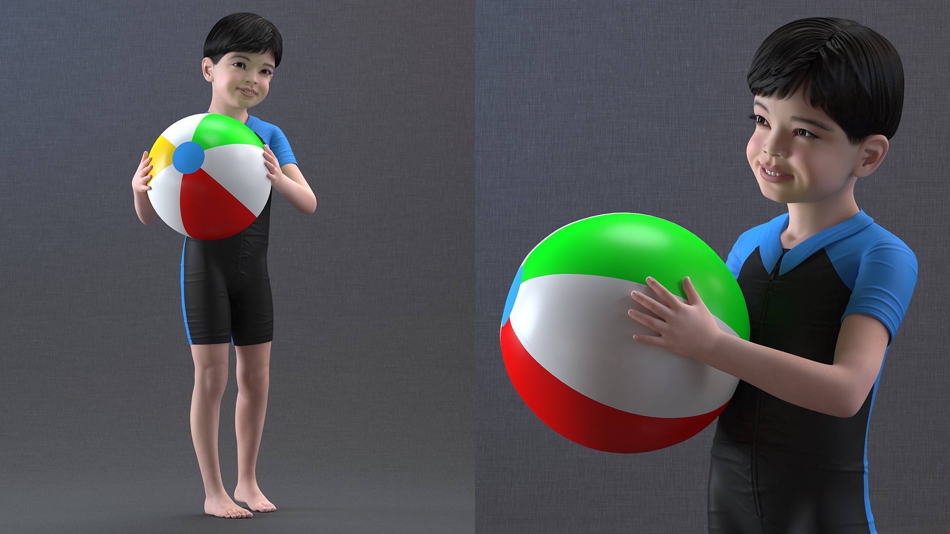 3D Asian Child Boy With Beach Ball