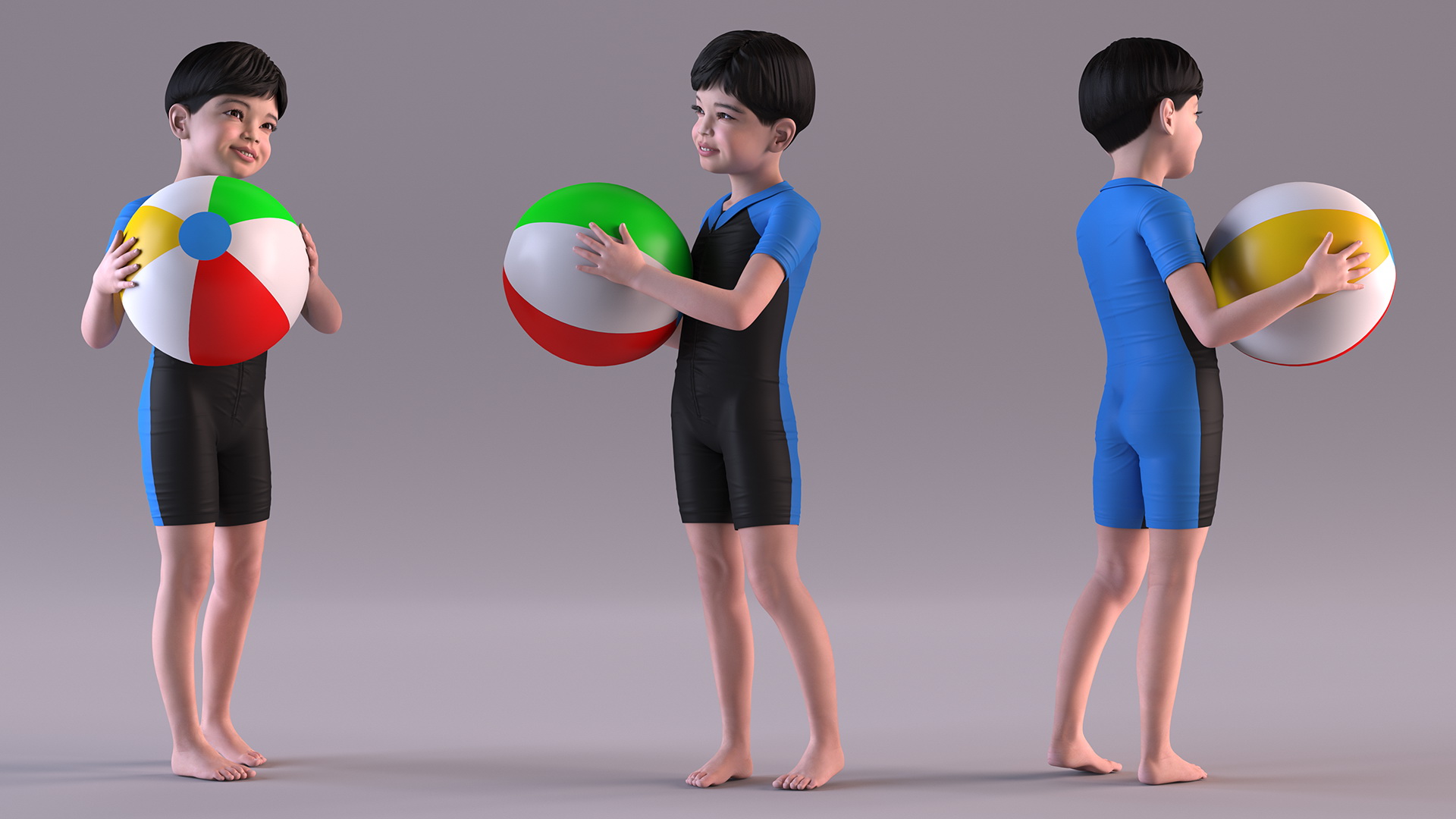 3D Asian Child Boy With Beach Ball