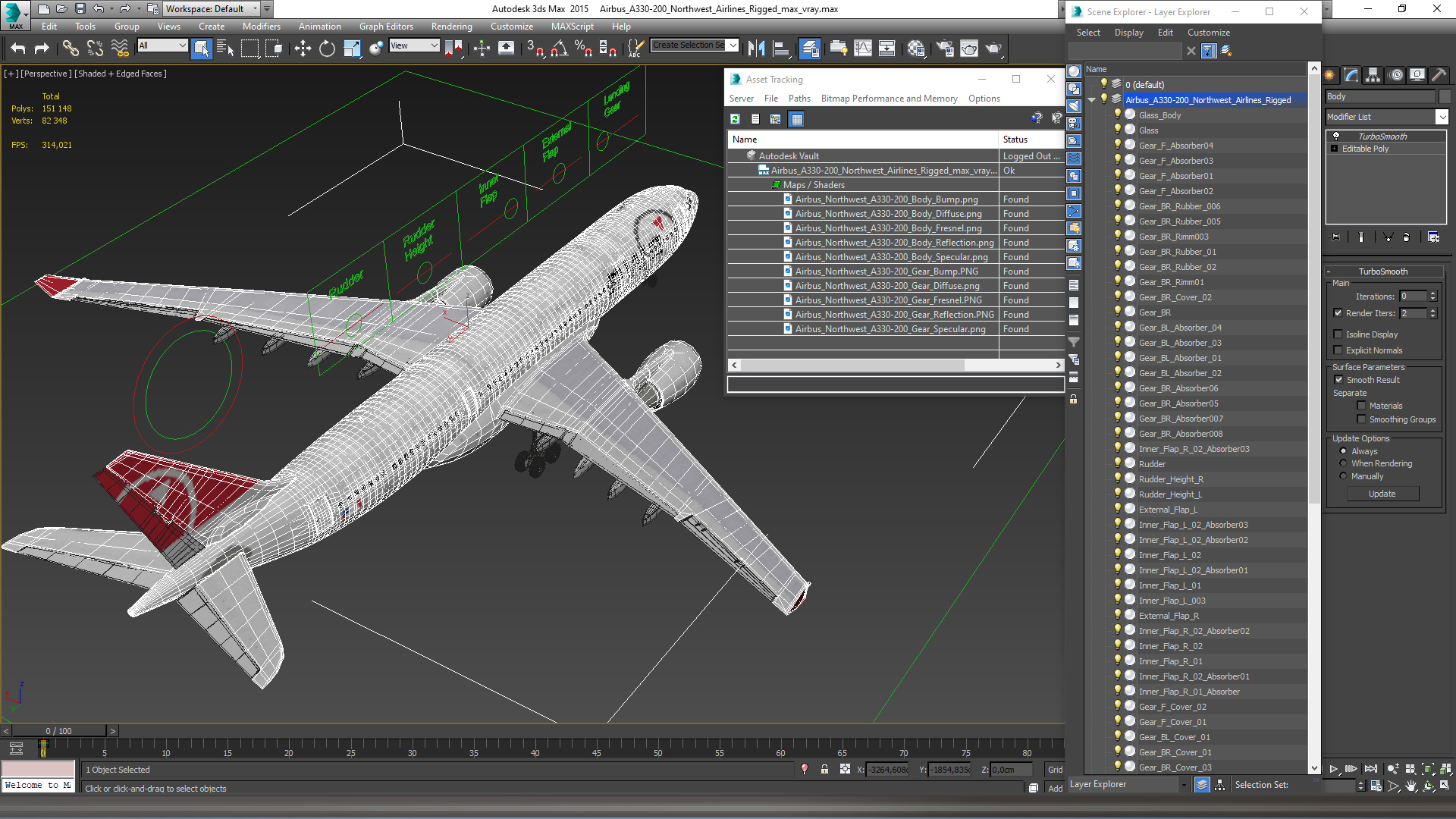 3D Airbus A330-200 Northwest Airlines Rigged