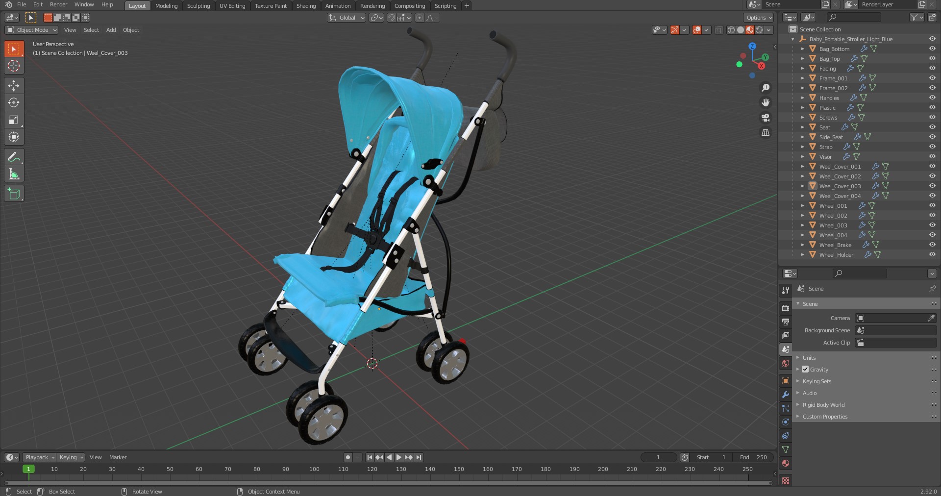 3D Baby Portable Stroller Light Blue model