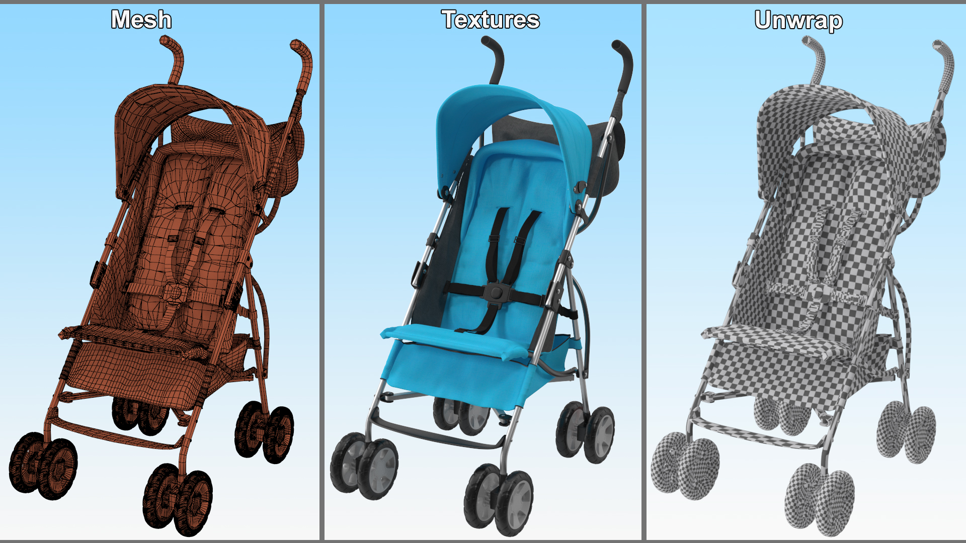 3D Baby Portable Stroller Light Blue model