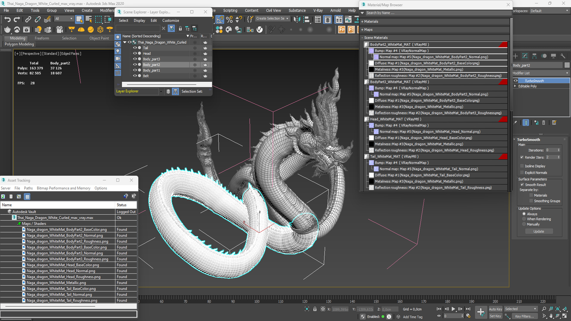 Thai Naga Dragon White Curled 3D model