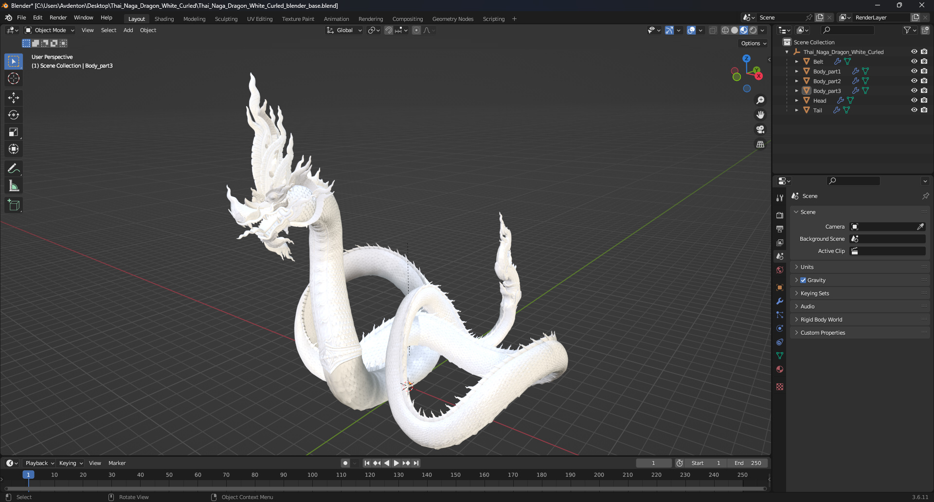 Thai Naga Dragon White Curled 3D model