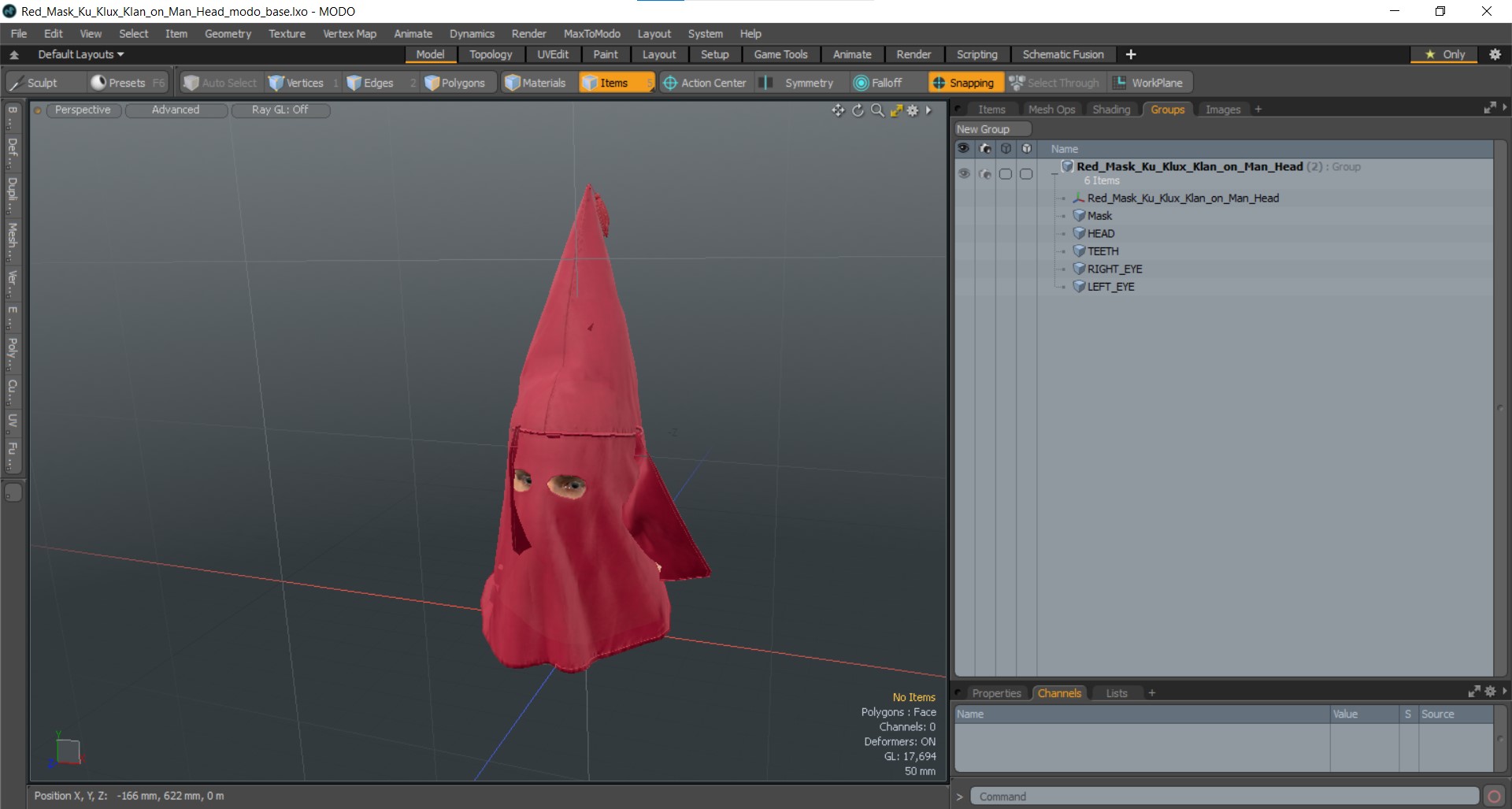 3D Red Mask Ku Klux Klan on Man Head model