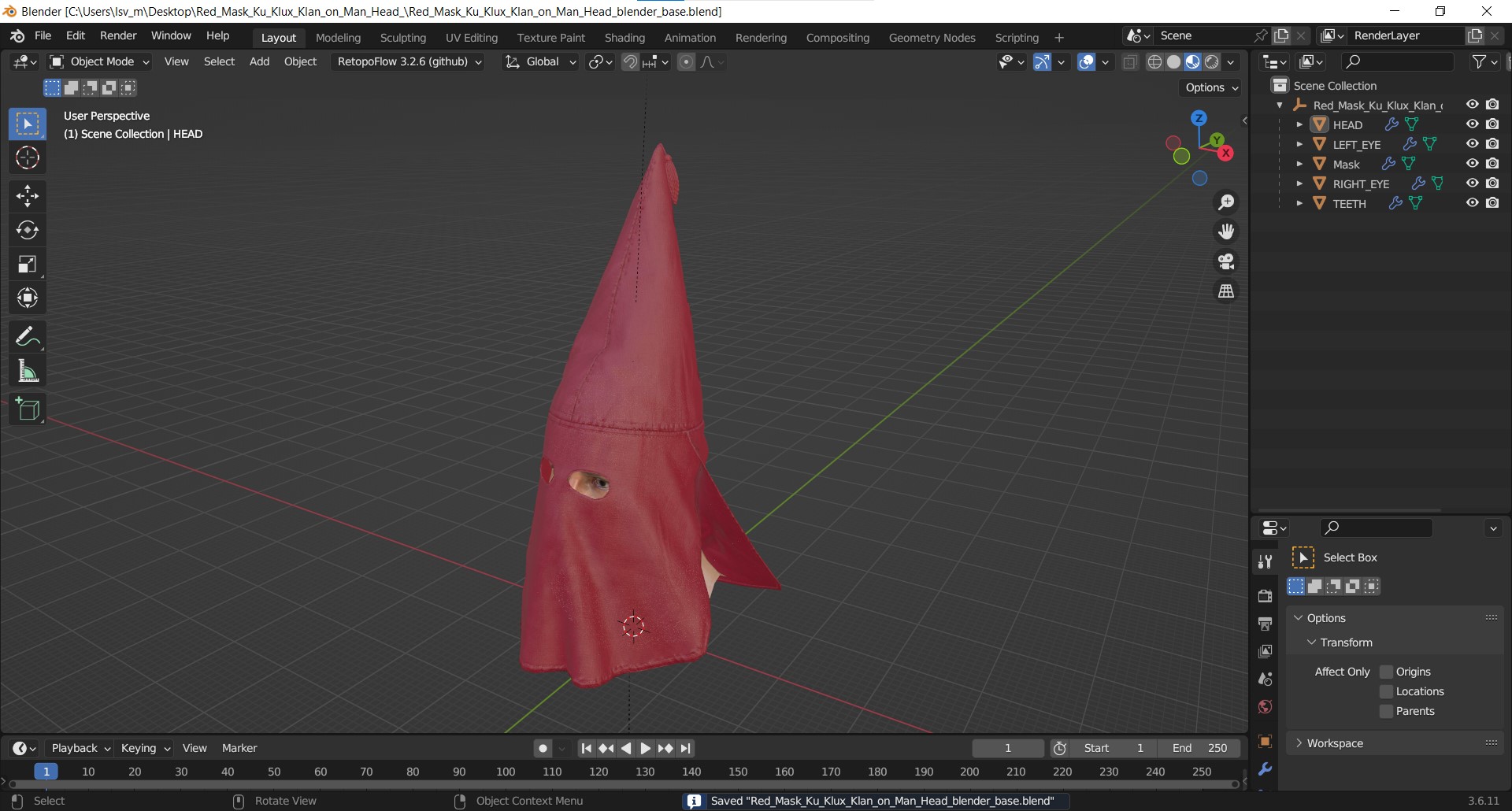 3D Red Mask Ku Klux Klan on Man Head model