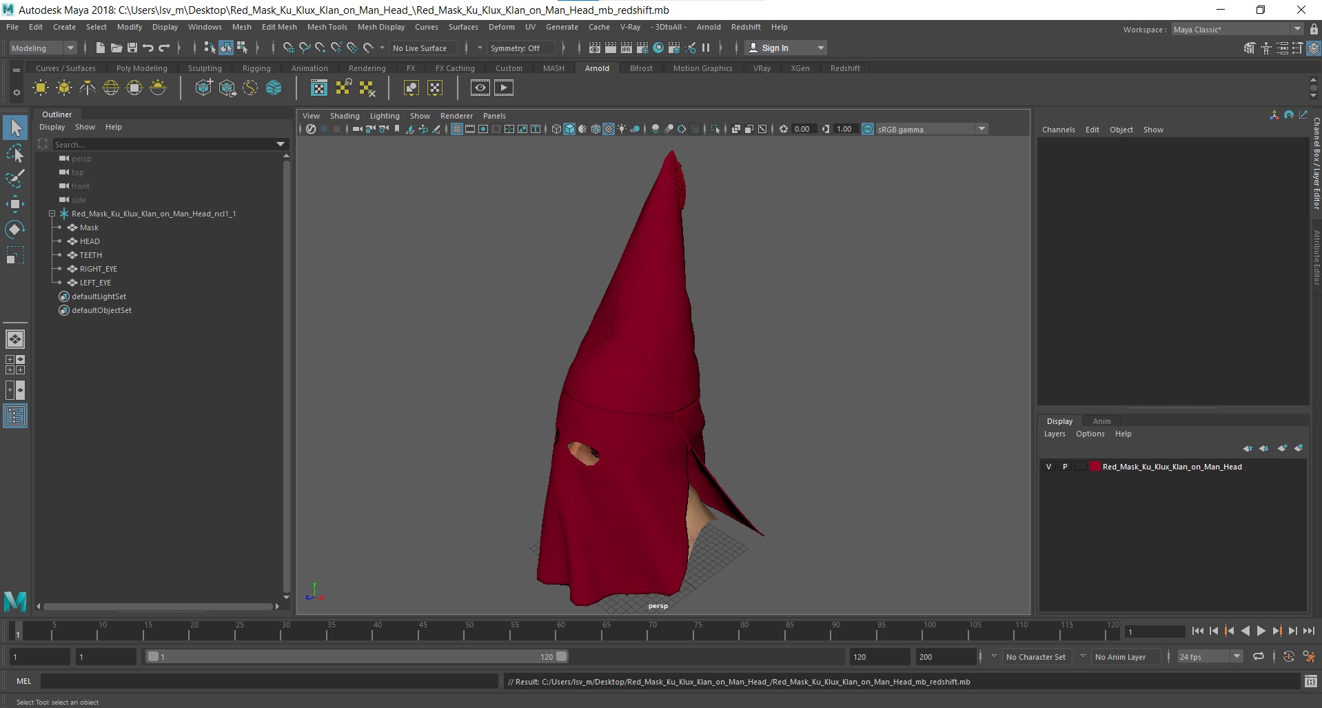 3D Red Mask Ku Klux Klan on Man Head model