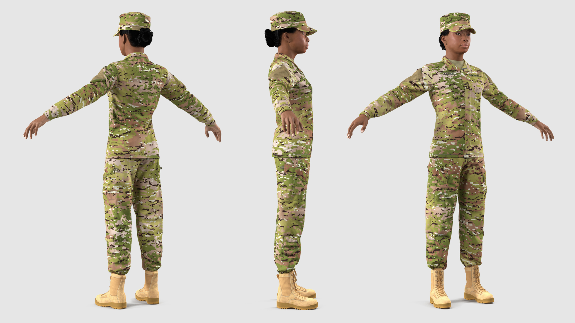 3D Black Female Soldier Camo T Pose Fur