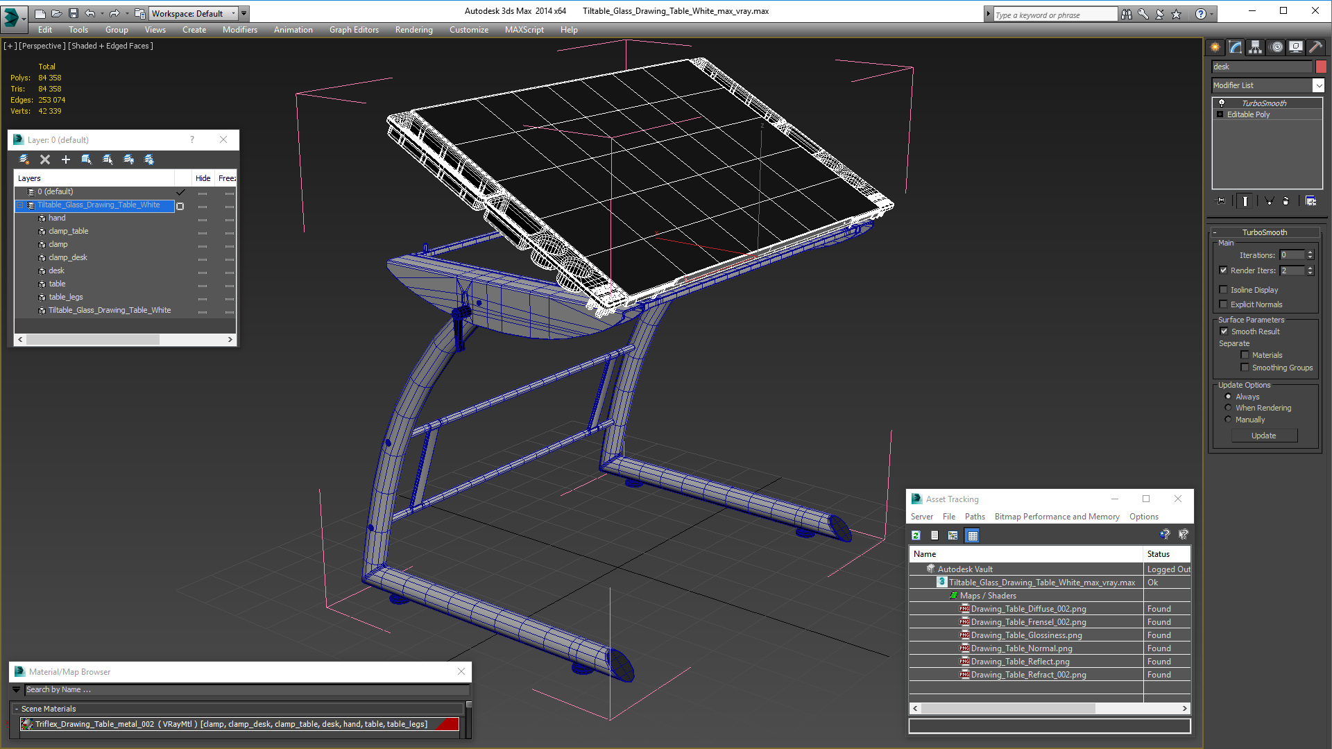 Tiltable Glass Drawing Table White 3D model