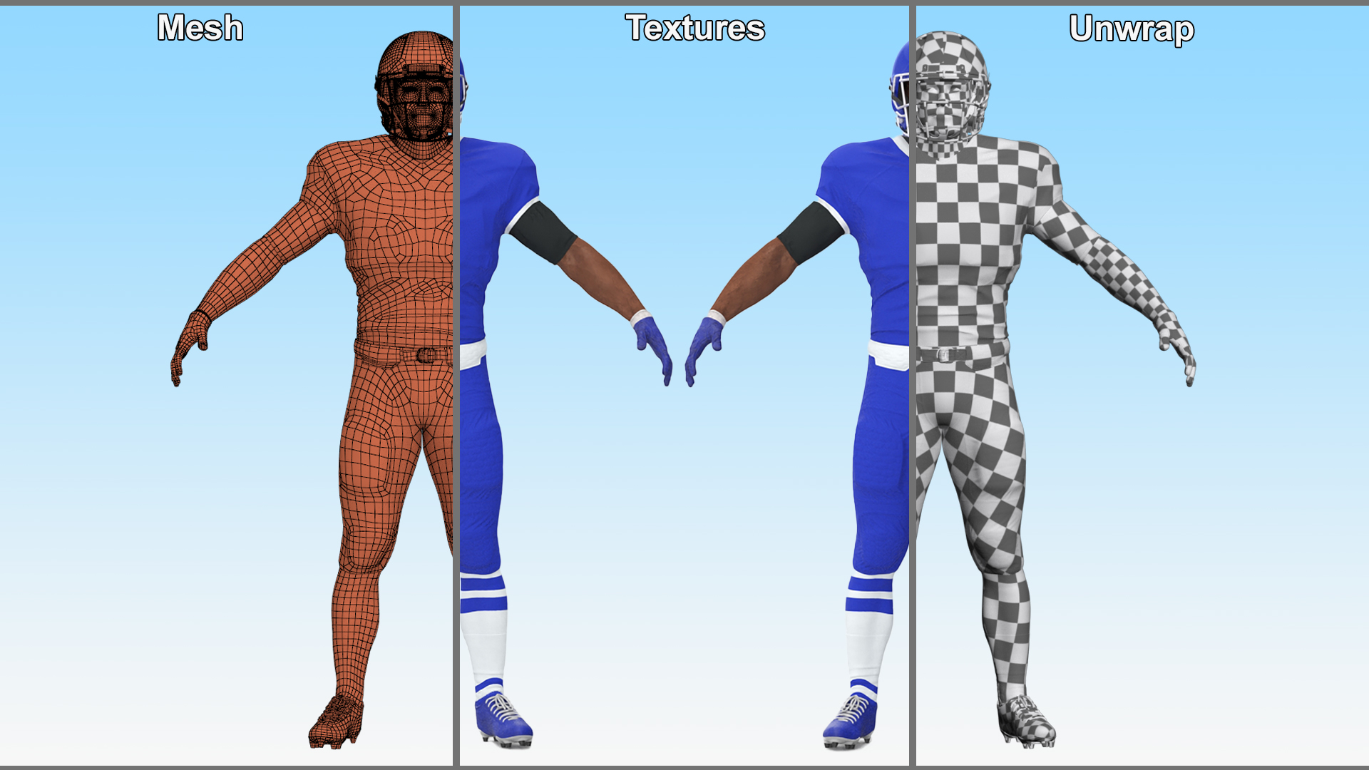 3D model Blue Uniform Black Man Football Player Rigged