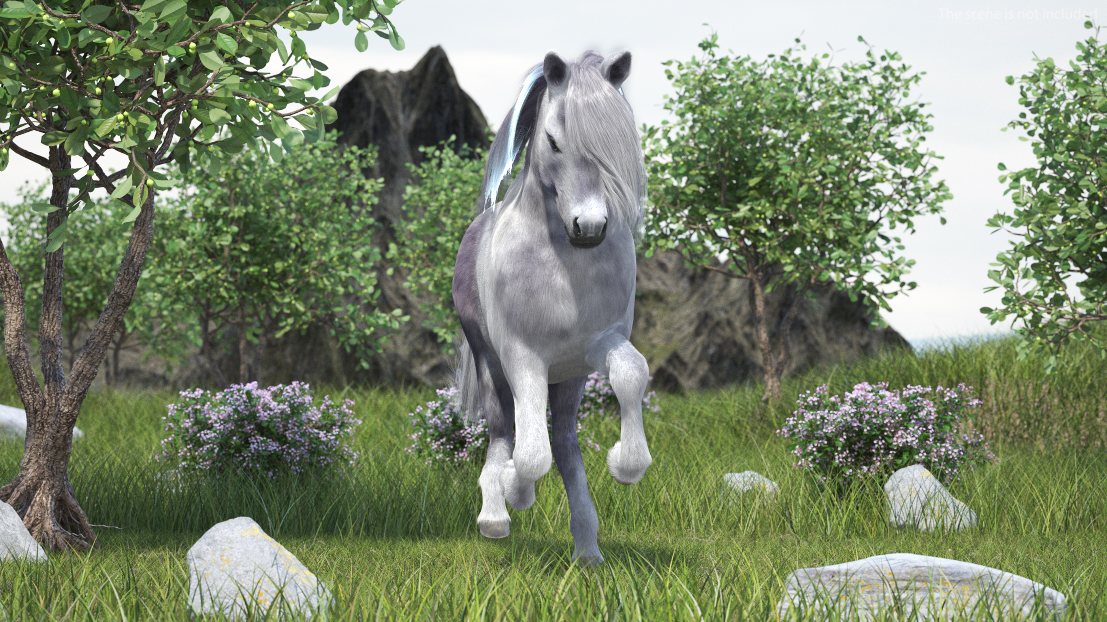 Galloping White Pony with Long Mane Fur 3D model