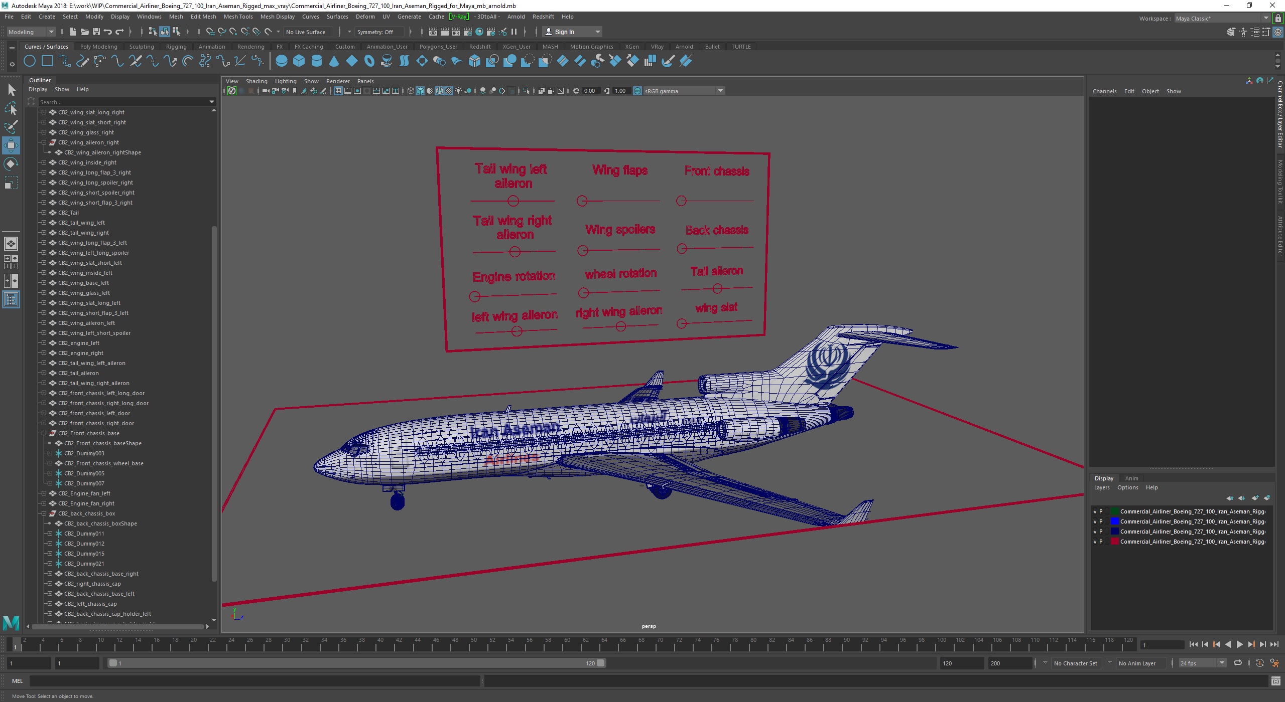 Commercial Airliner Boeing 727-100 Iran Aseman Rigged for Maya 3D