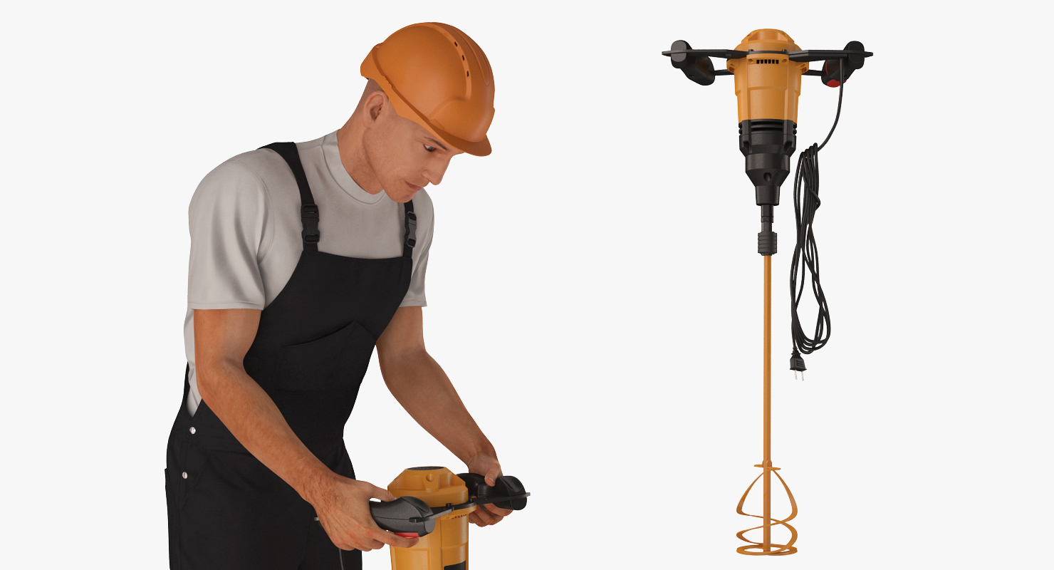 3D Worker with Electric Cement Mixer vray model