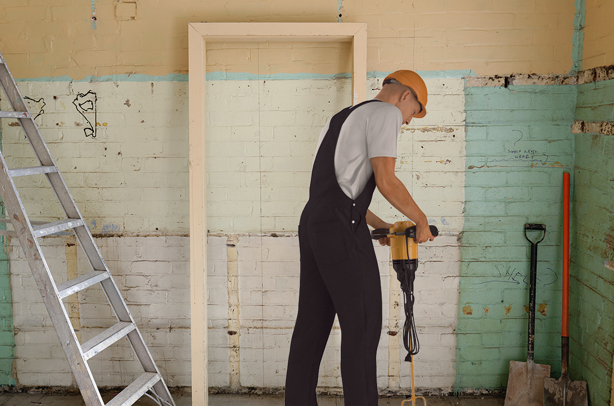 3D Worker with Electric Cement Mixer vray model