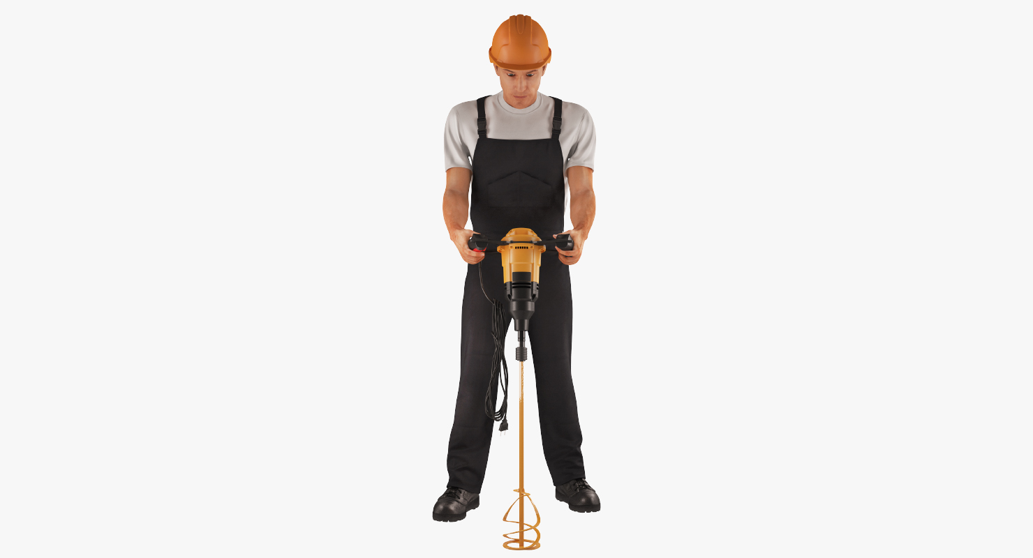 3D Worker with Electric Cement Mixer vray model