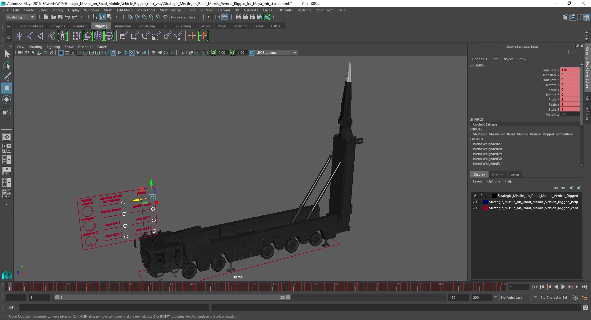 3D Strategic Missile on Road Mobile Vehicle Rigged for Maya