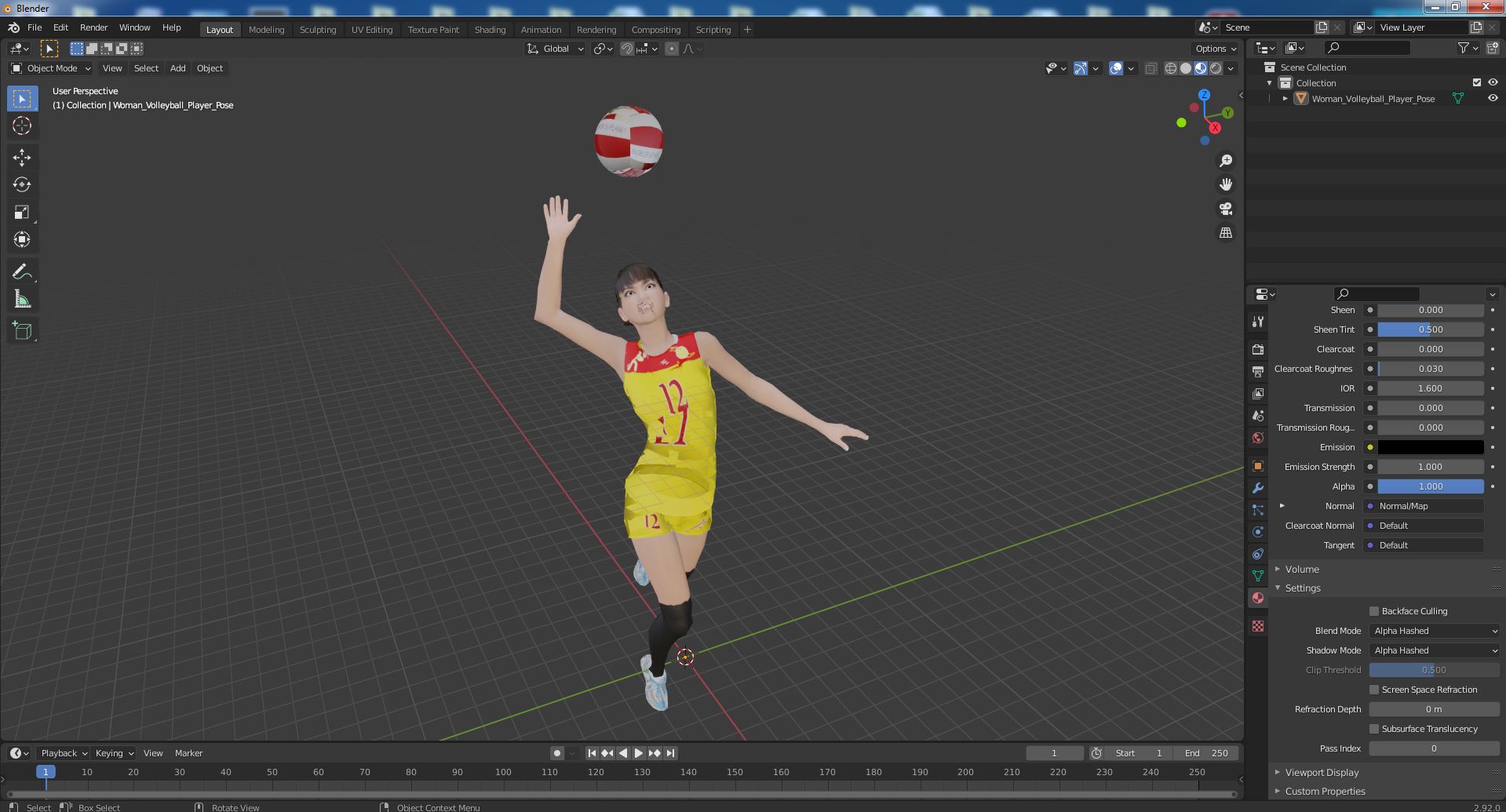 Young Chinese Woman Volleyball Player Pose 3D