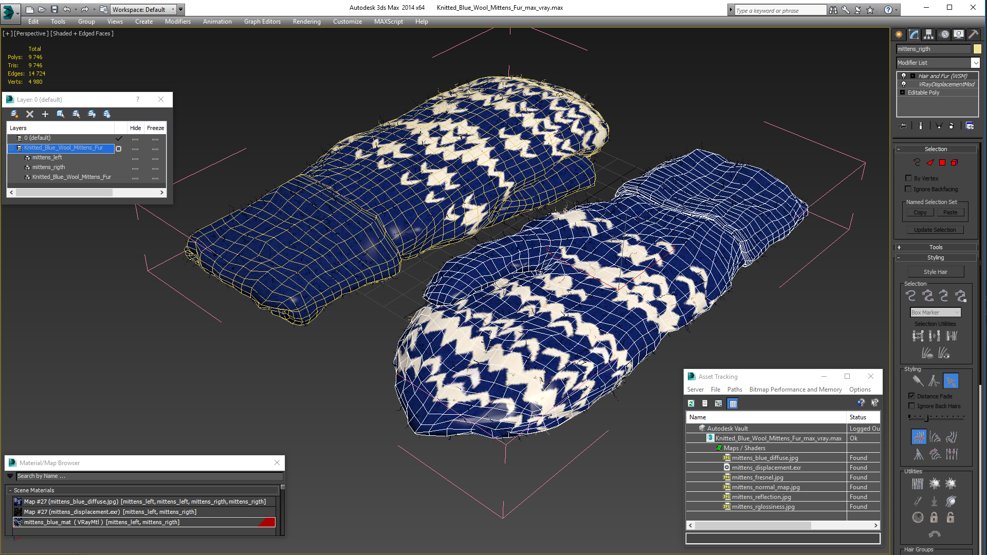 Knitted Blue Wool Mittens Fur 3D model