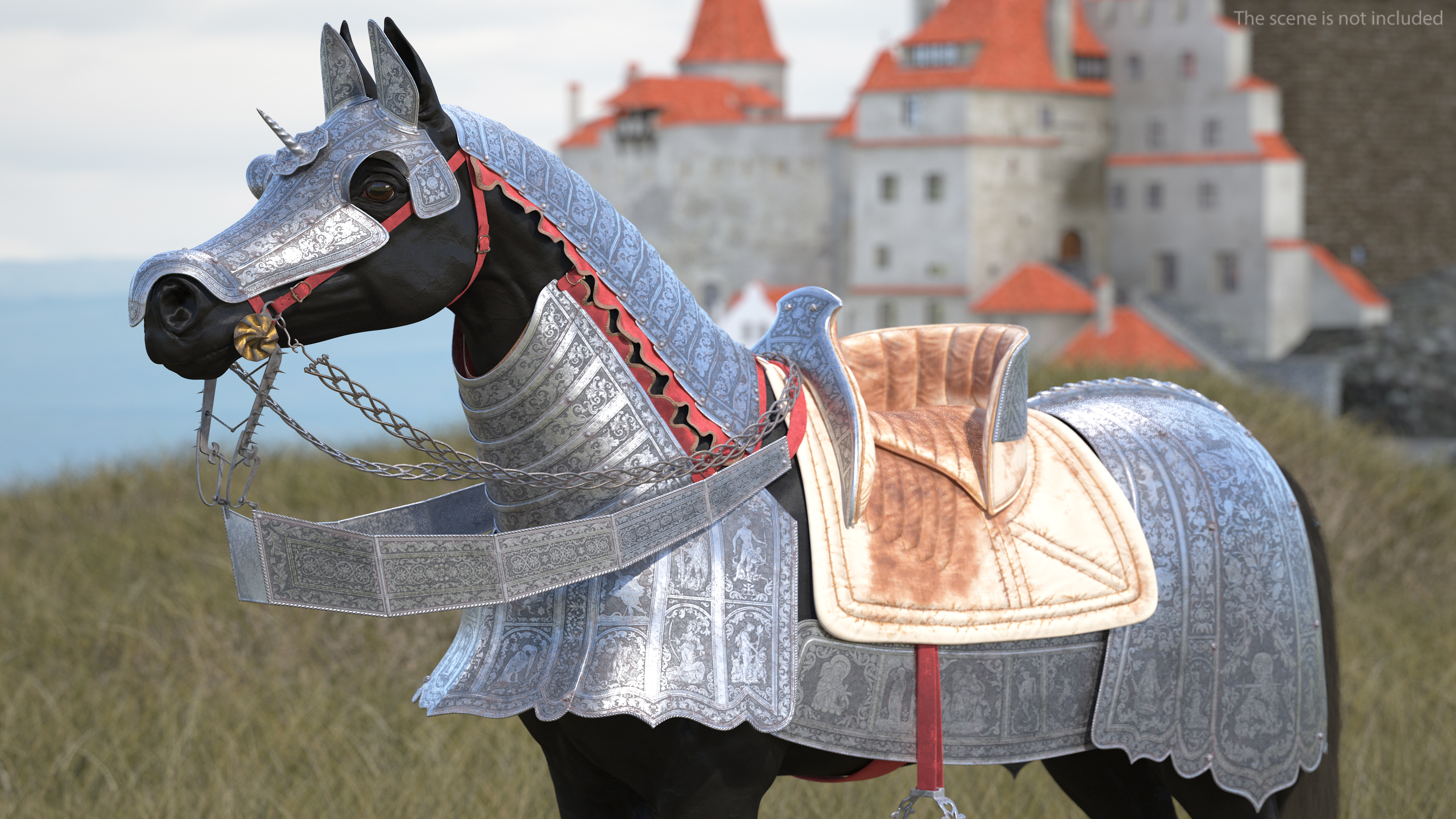 3D Black Horse in Used Medieval Armor Fur model