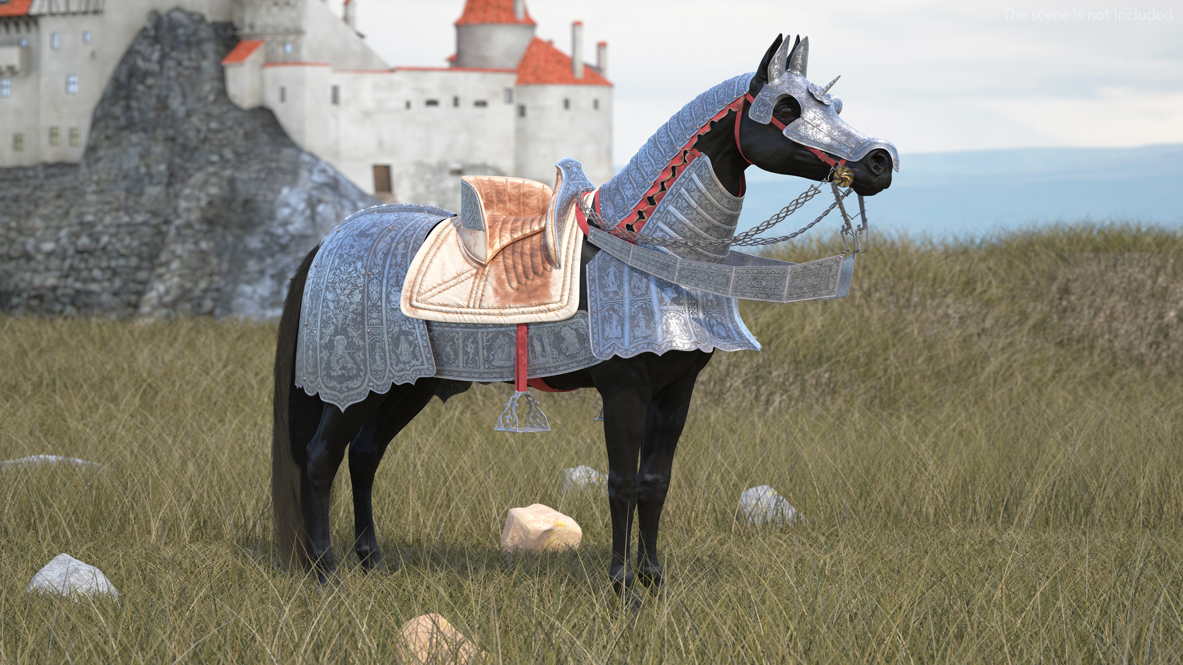 3D Black Horse in Used Medieval Armor Fur model