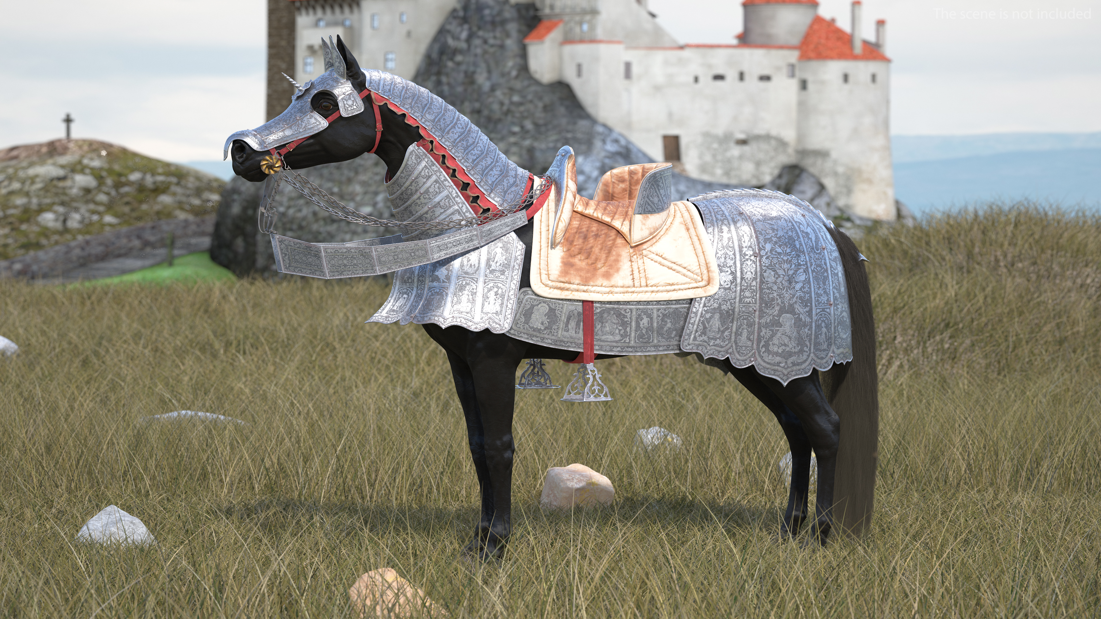 3D Black Horse in Used Medieval Armor Fur model