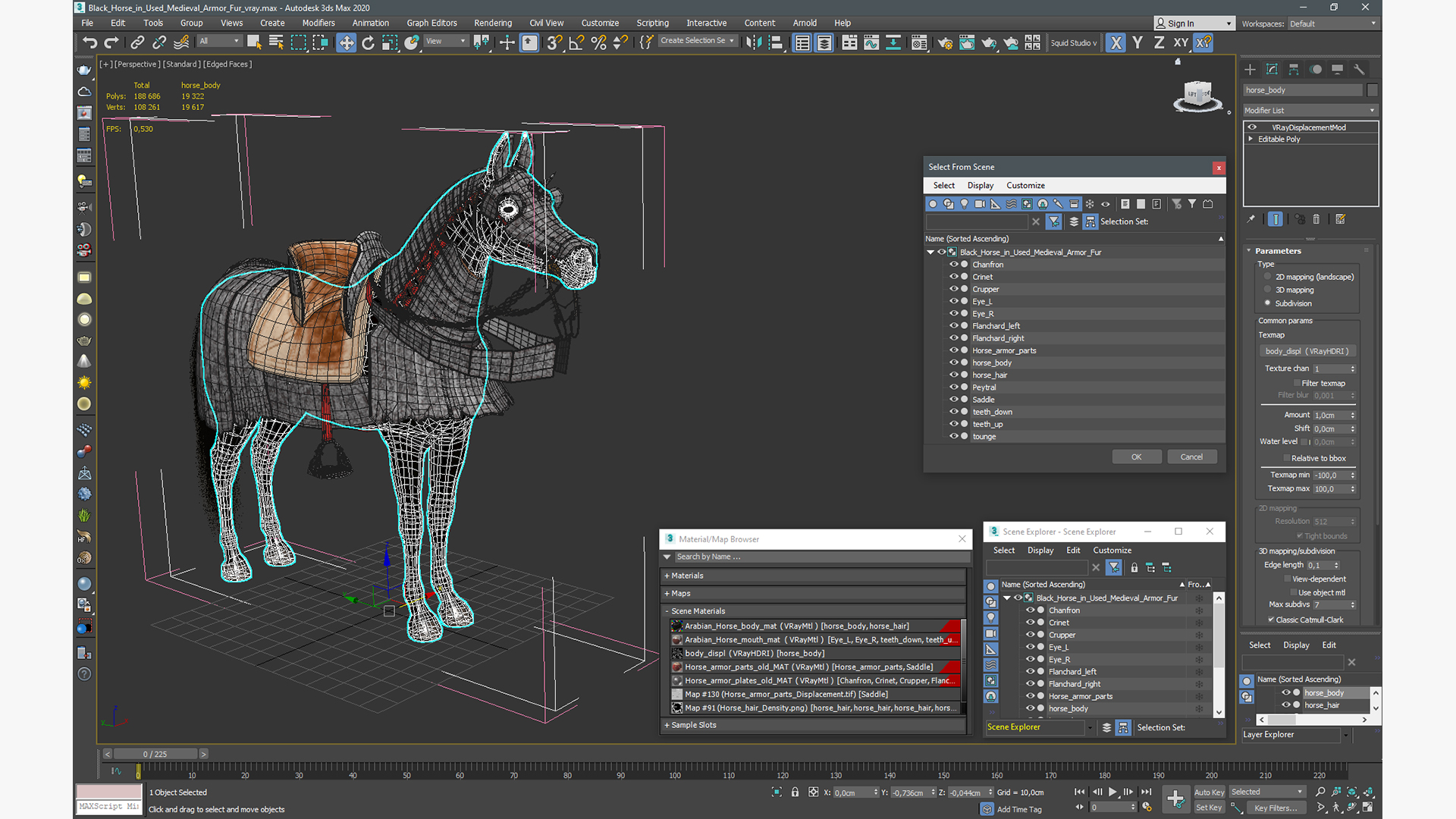 3D Black Horse in Used Medieval Armor Fur model