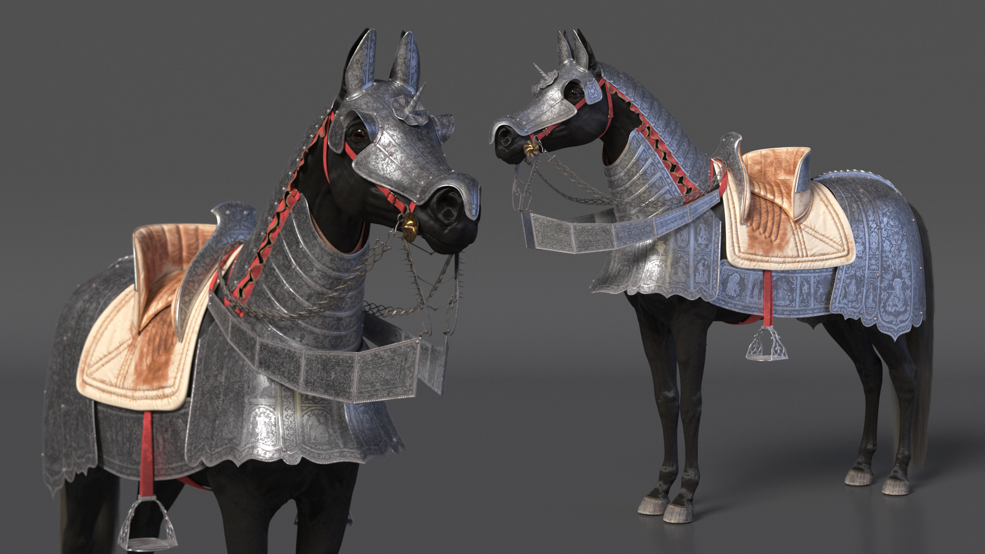 3D Black Horse in Used Medieval Armor Fur model