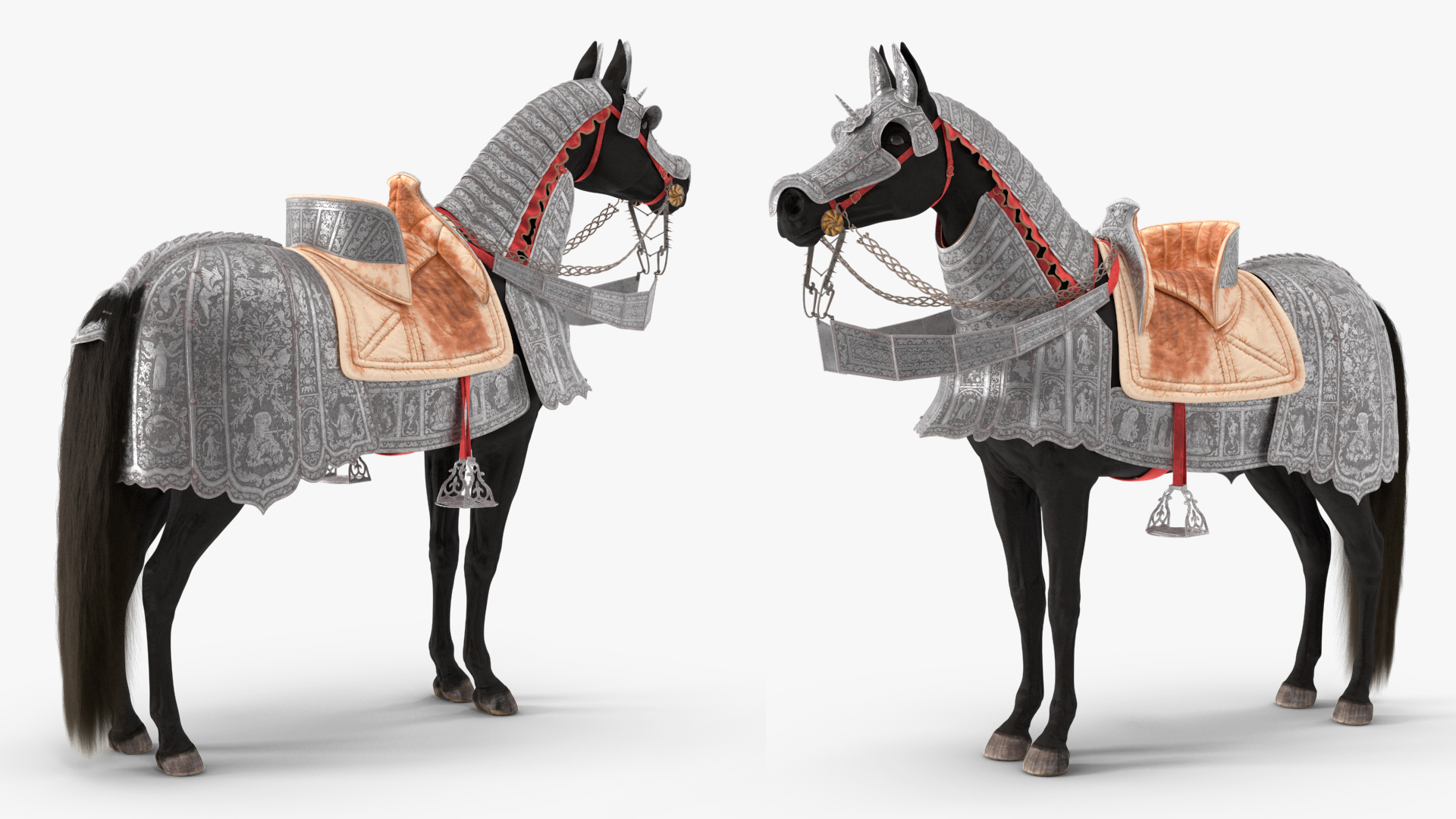 3D Black Horse in Used Medieval Armor Fur model