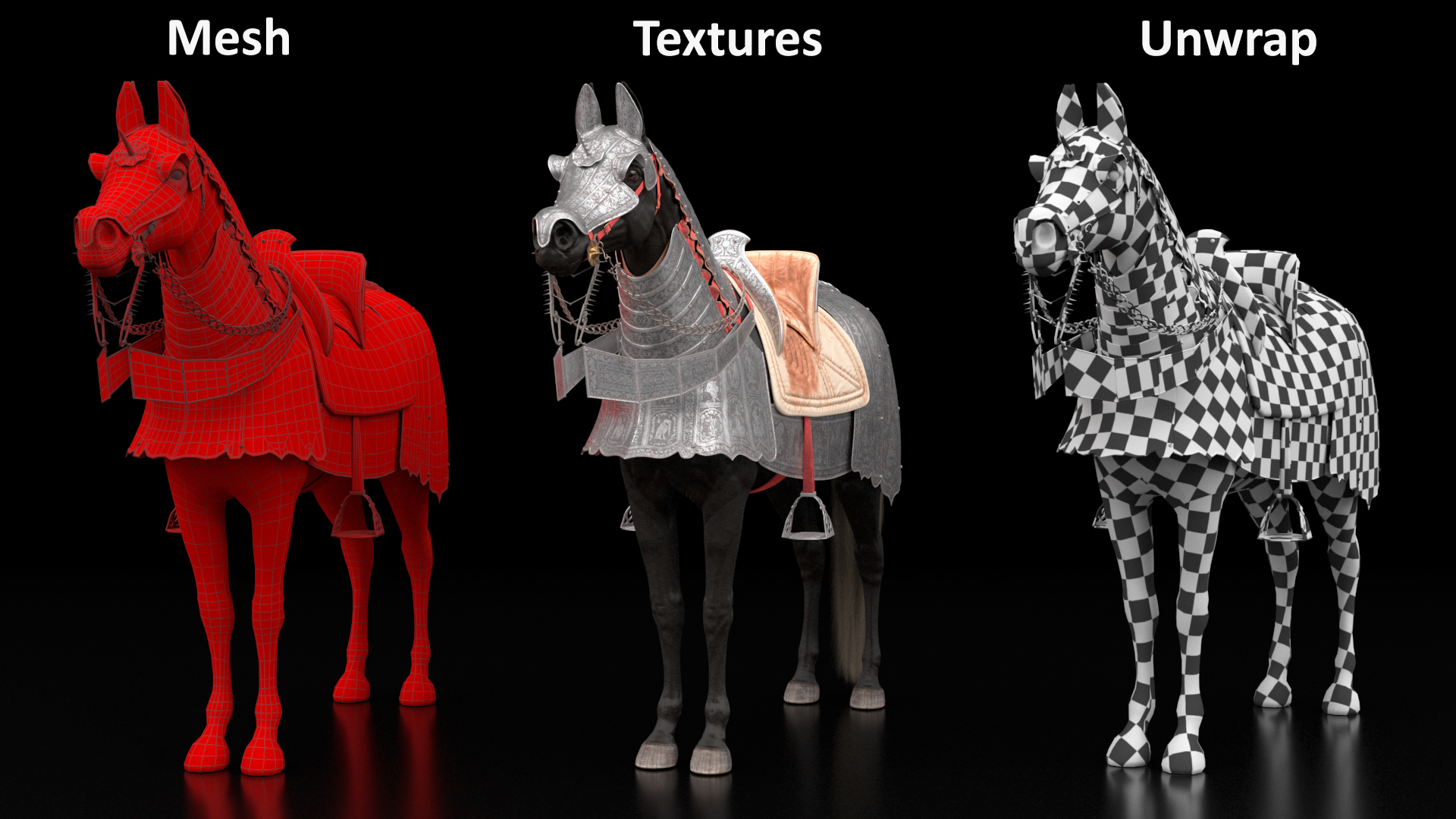 3D Black Horse in Used Medieval Armor Fur model