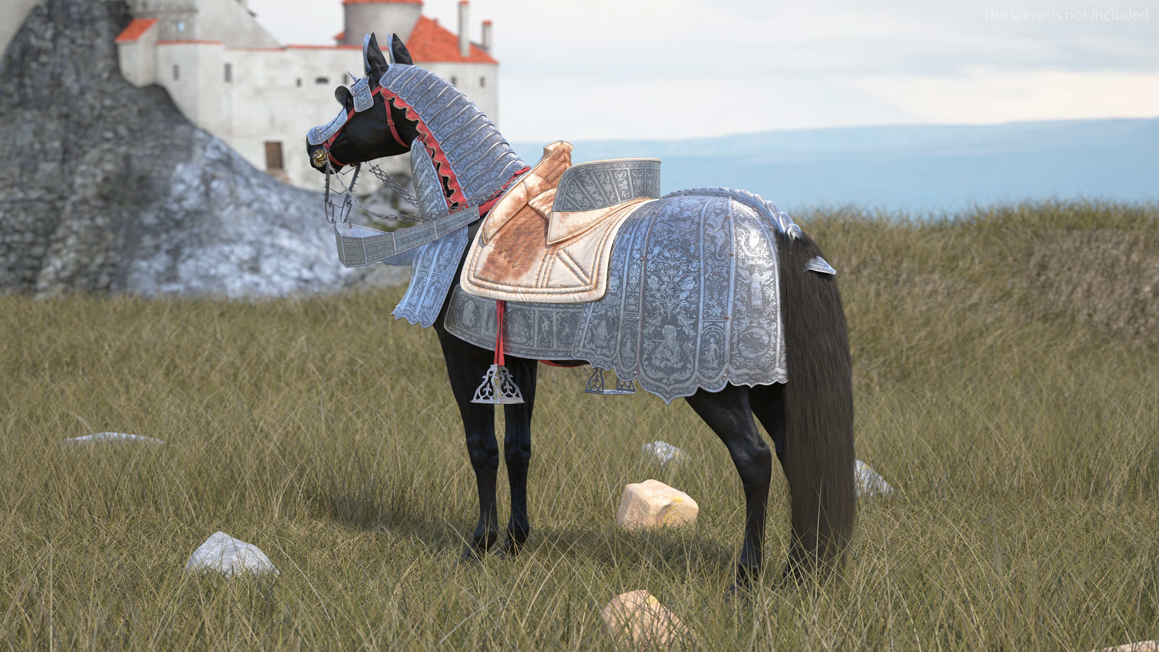 3D Black Horse in Used Medieval Armor Fur model