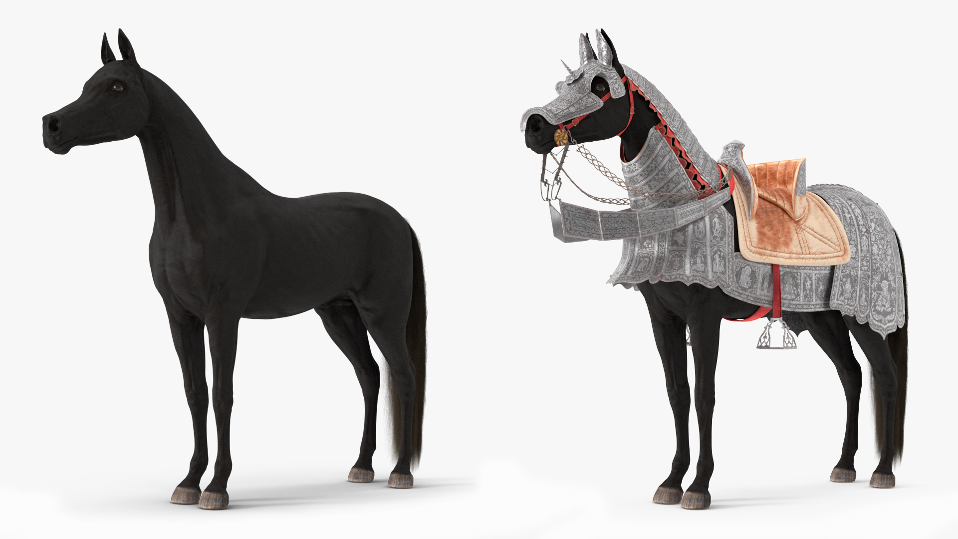 3D Black Horse in Used Medieval Armor Fur model