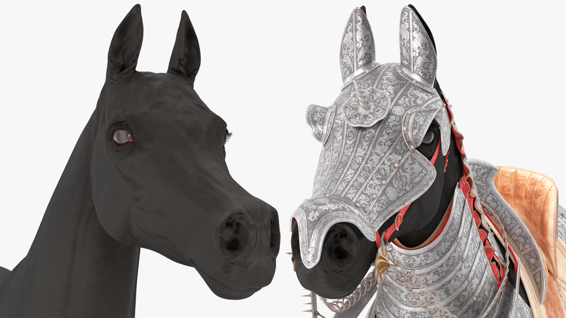 3D Black Horse in Used Medieval Armor Fur model