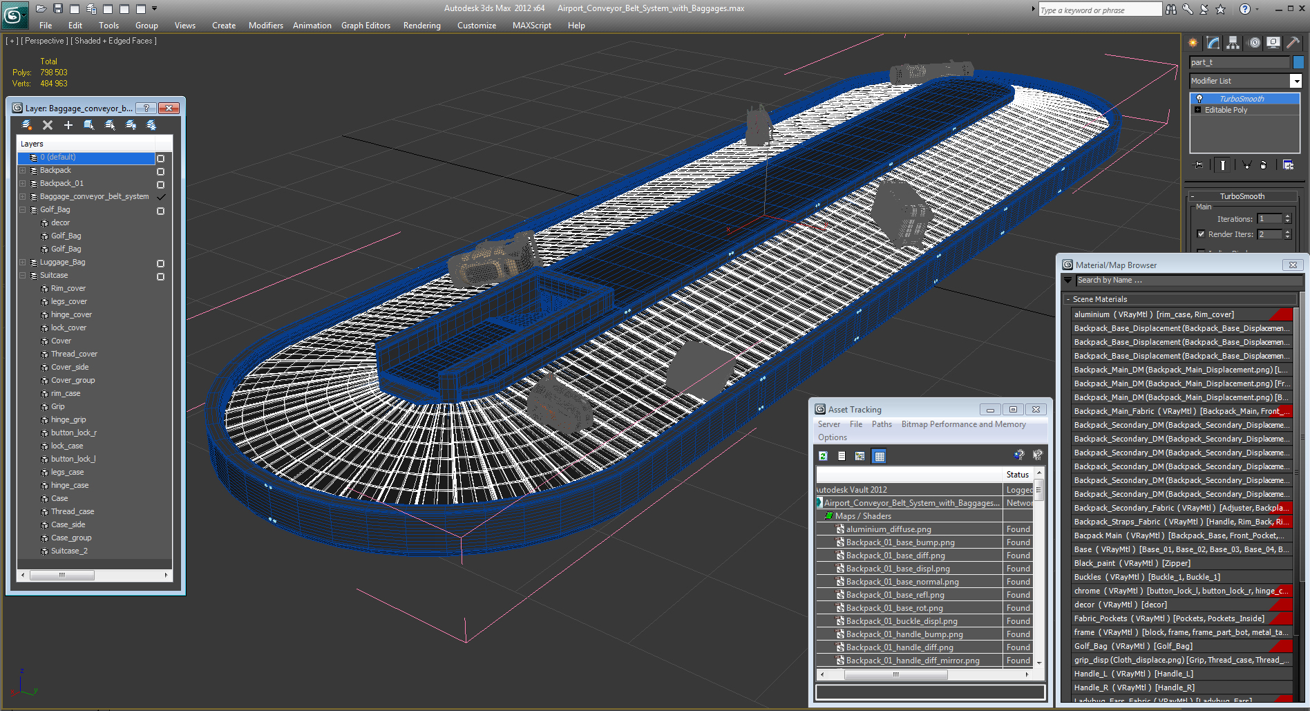 Airport Conveyor Belt System with Baggages 3D