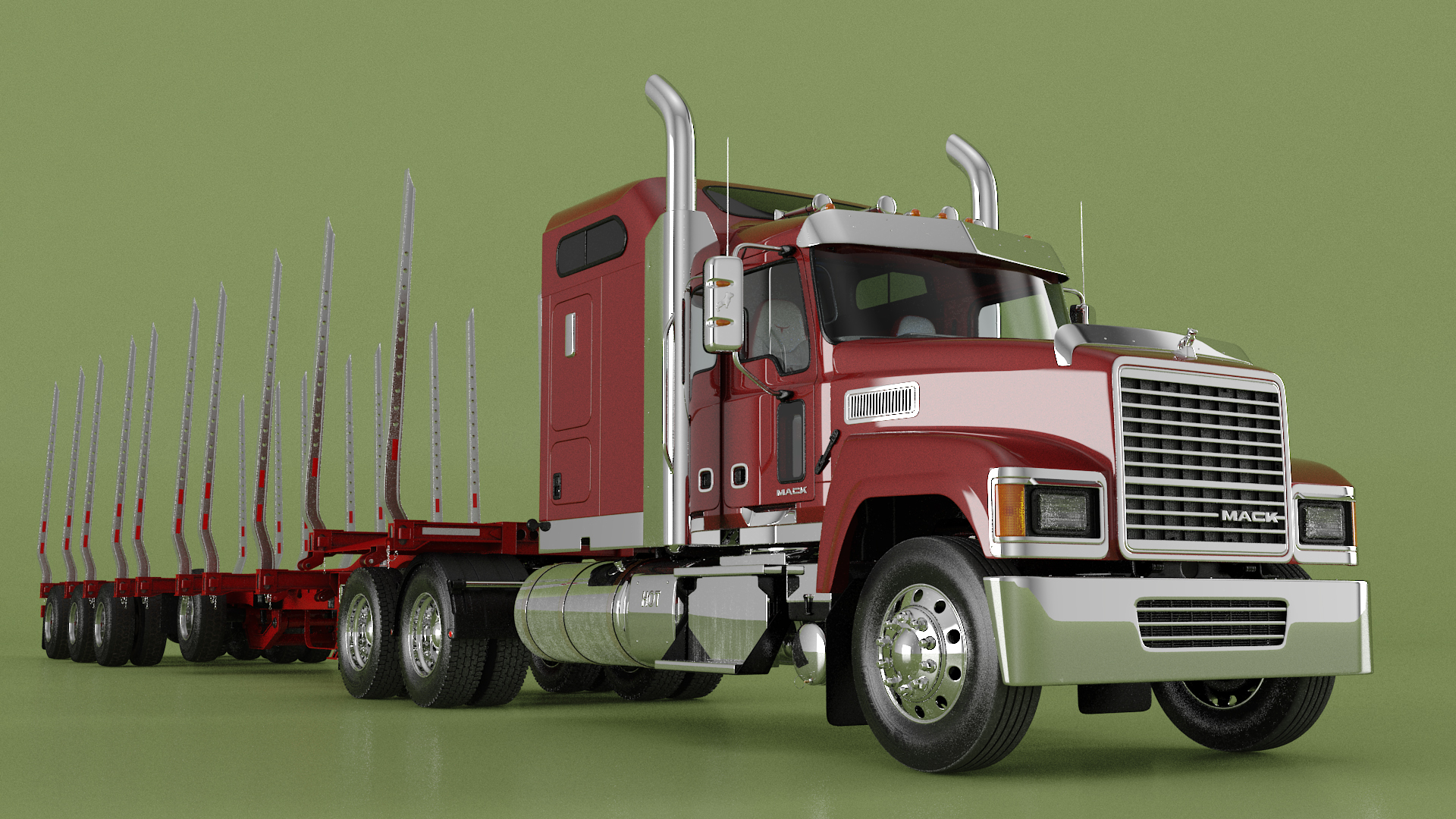 3D model Mack CHU613 Truck with Empty Logging Trailer Manac