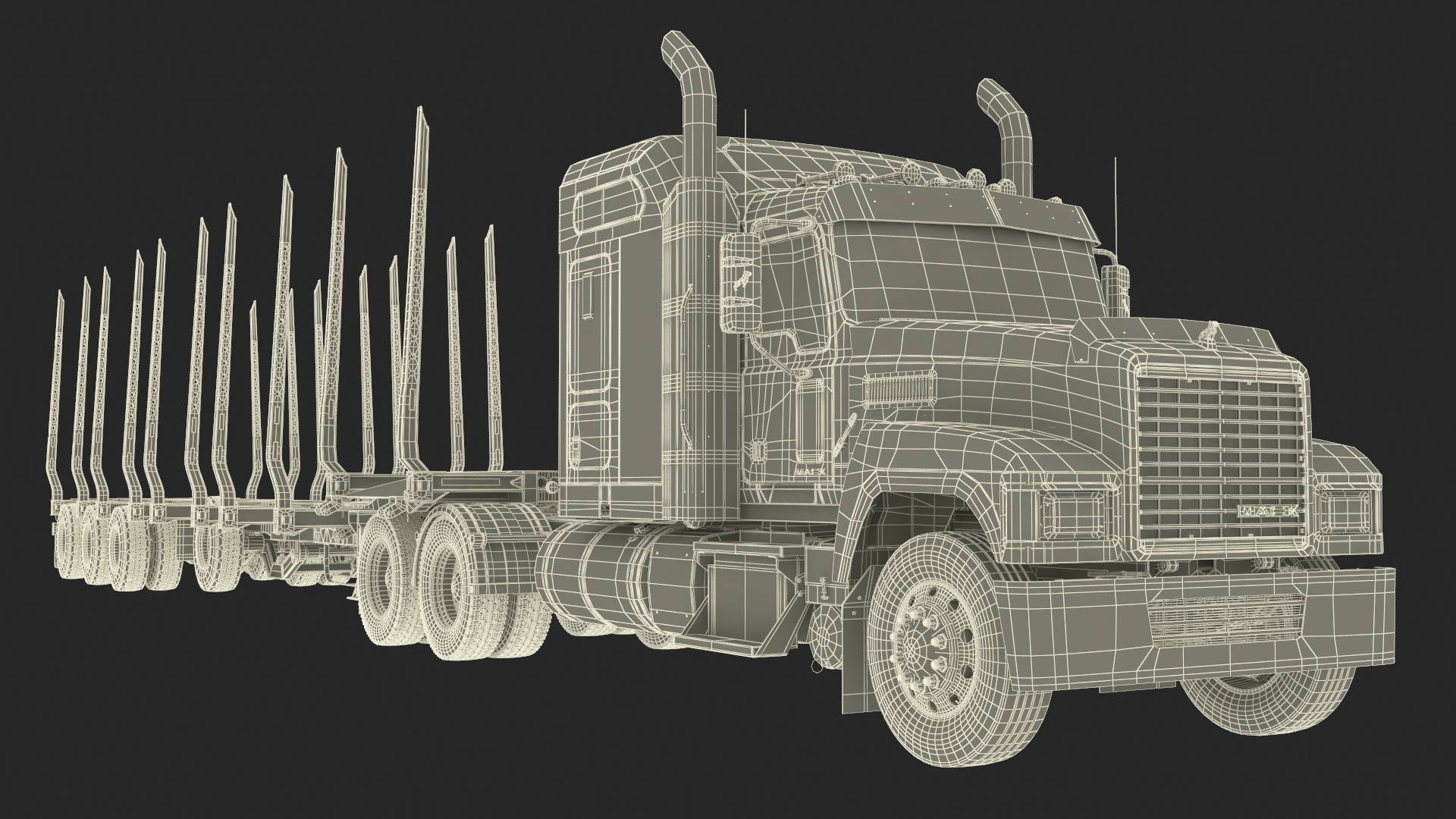 3D model Mack CHU613 Truck with Empty Logging Trailer Manac