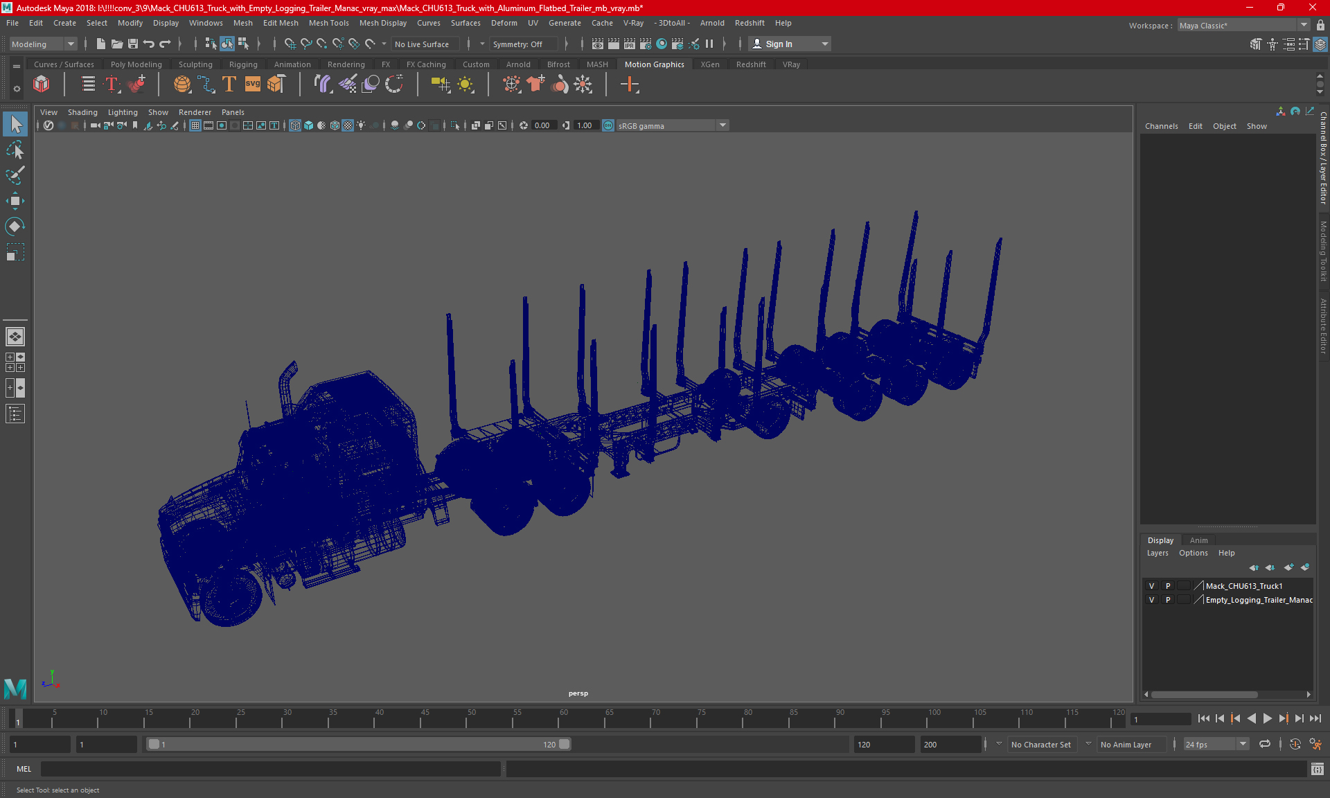 3D model Mack CHU613 Truck with Empty Logging Trailer Manac