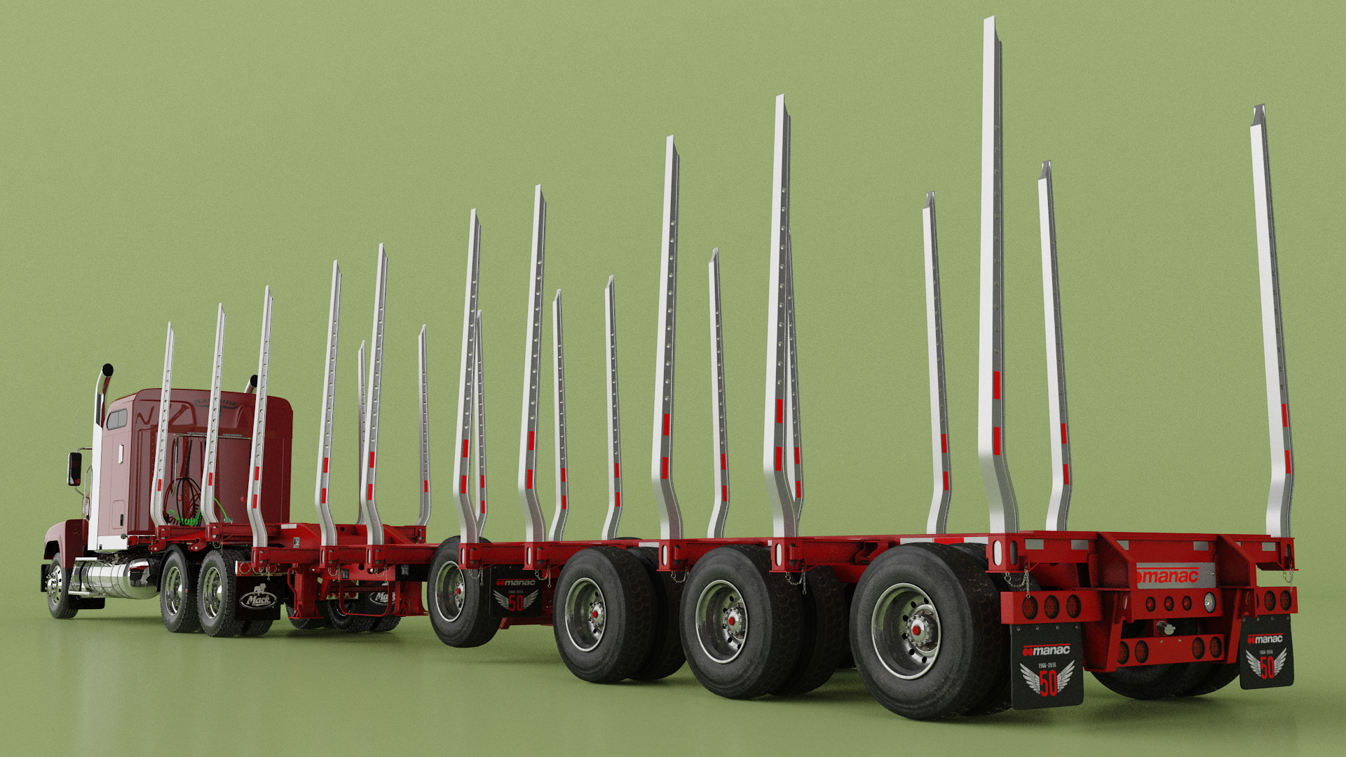 3D model Mack CHU613 Truck with Empty Logging Trailer Manac