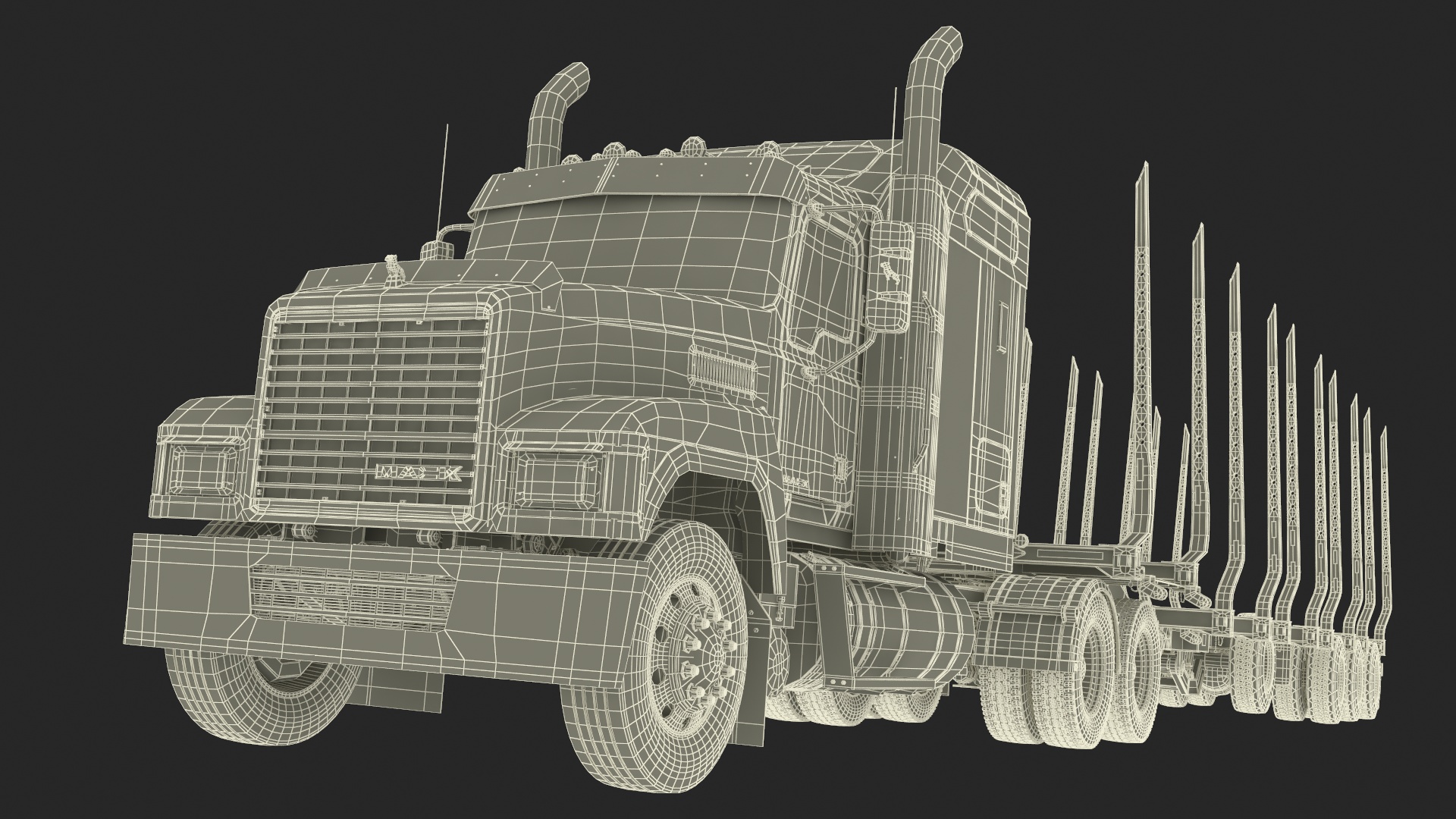 3D model Mack CHU613 Truck with Empty Logging Trailer Manac